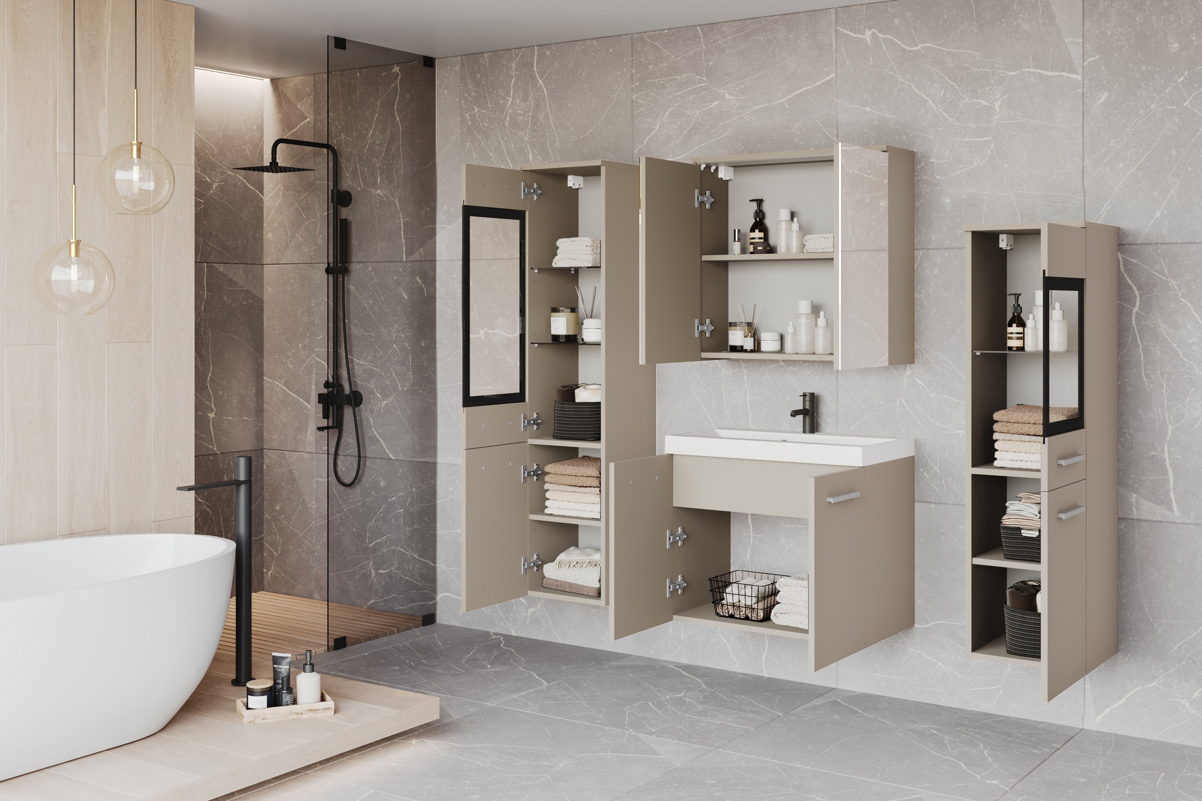 Thumbnail - welltime Badmöbel-Set "MADRIT II, Schrank mit Waschbecken, 2 Hänger, Spiegelschrank" Komplett-Set, 5 Stk. tlg.