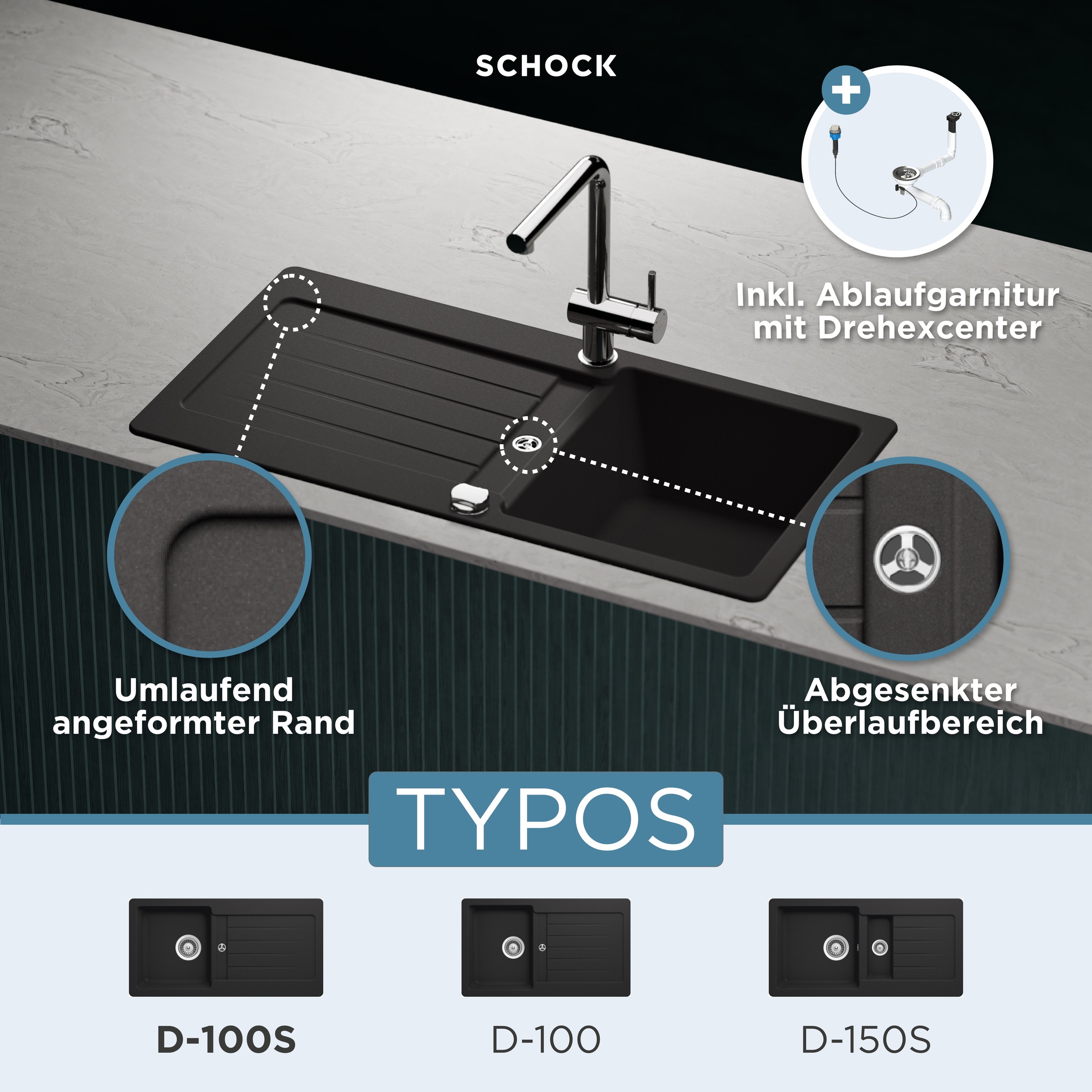 Schock Granitspüle »Typos D-100 S«, mit Ablauf und Abtropffläche, links und rechts einbaubar