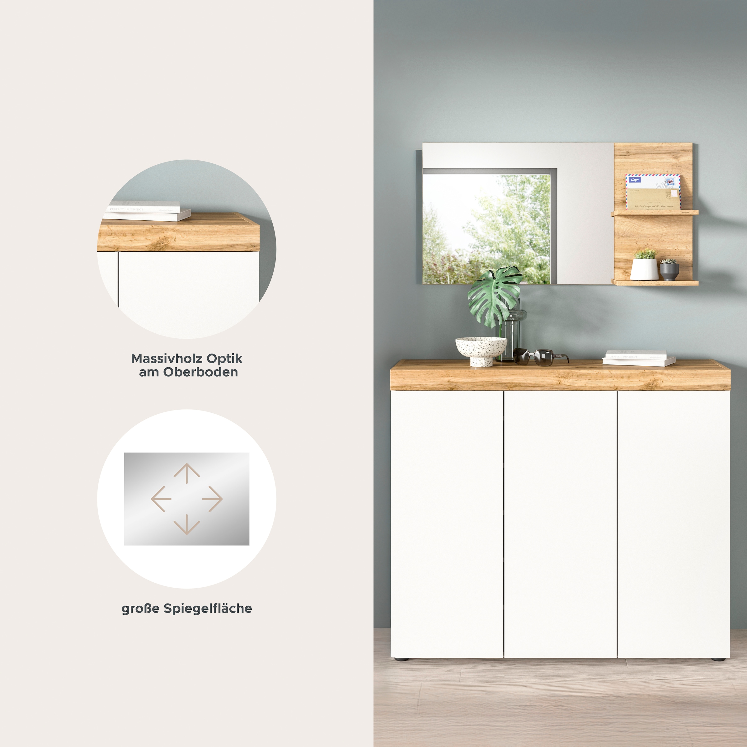 OTTO home Garderoben-Set »MAMBO, TOPSELLER!, 2-teilige Kombination, stehend & hängend montierbar« bestehend aus: Kommode, Spiegel, 2 Stk. tlg.