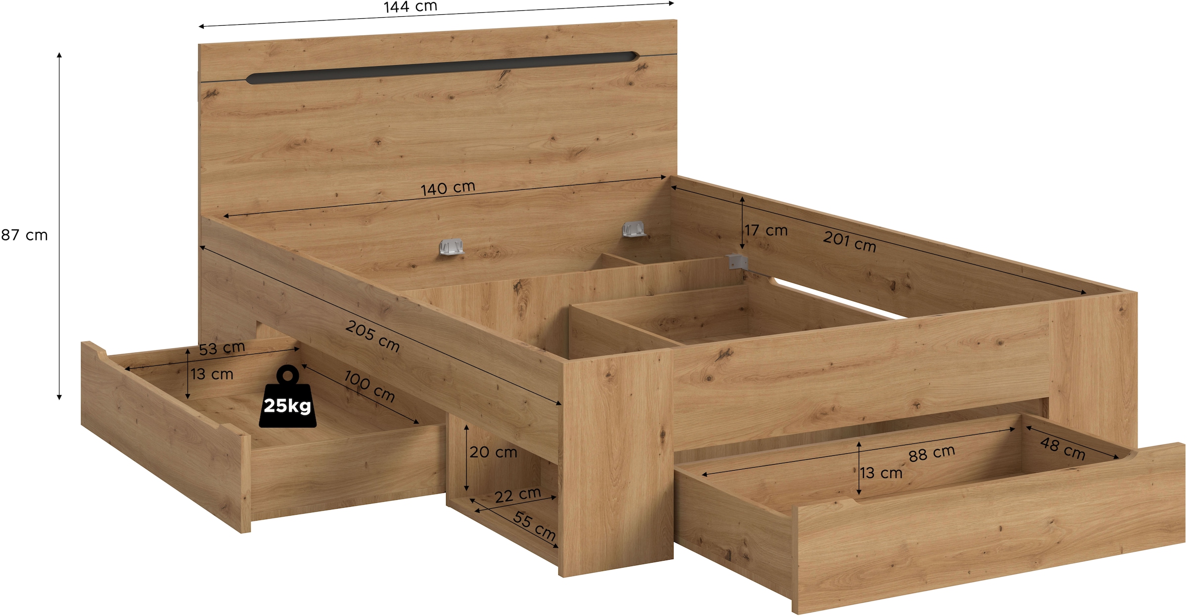 Home affaire Stauraumbett »REHAT, in 144 oder 184 cm Breite, 3 Schubkästen, 2 offene Fächer« TOPSELLER!, für Matratzen 140x200 cm, viel Stauraum, ohne Lattenrost, 1 Stk. tlg. Bett, Kastenbett, Bettgestell, Schlafzimmer, Schlafen