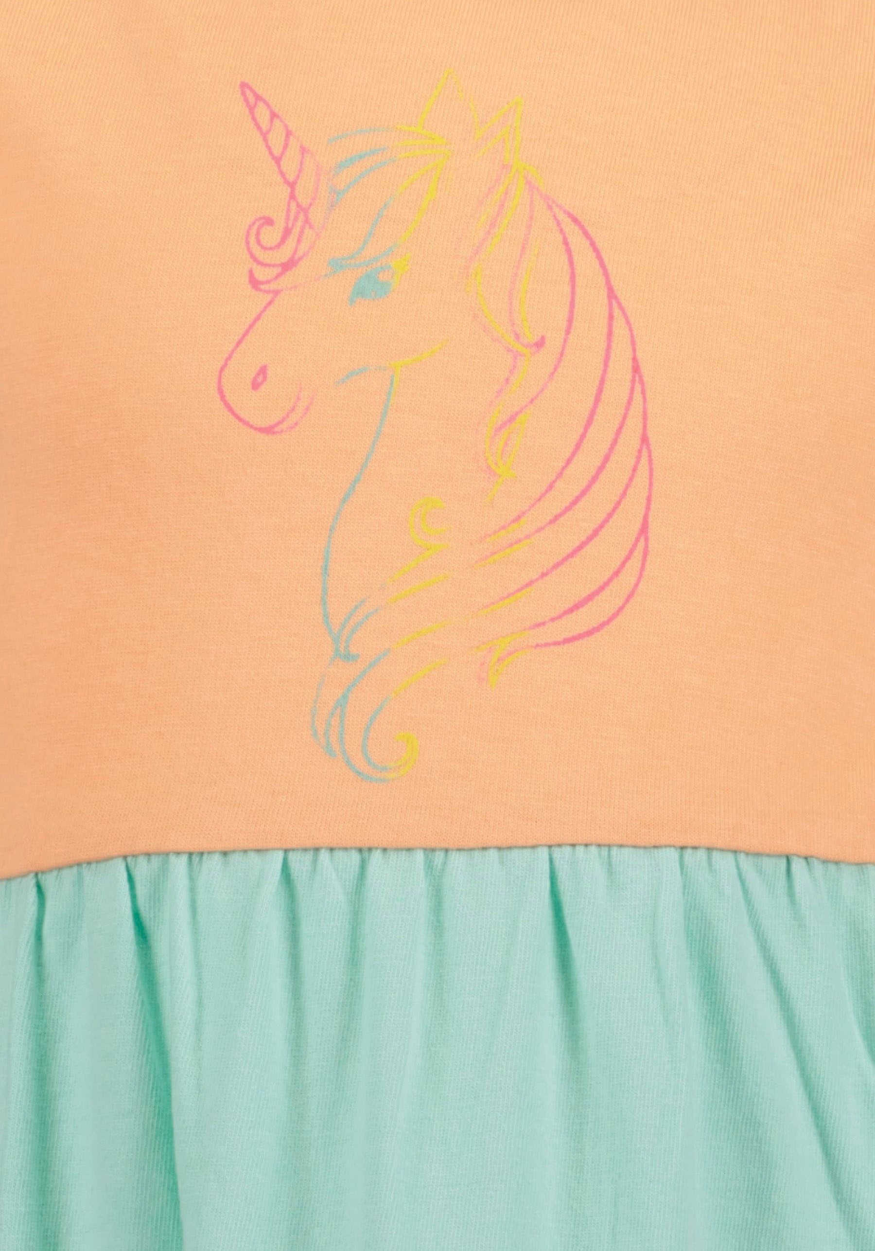 Jerseykleid BLUE SEVEN, Mädchen, Gr. 134, N-Gr, melone, Jersey, Obermaterial: 100% Baumwolle, regular fit knielang, Rundhals, Flügelärmel, Kleider Jerseykleid, mit süßem Einhorn-Motiv und tollen Volants 4