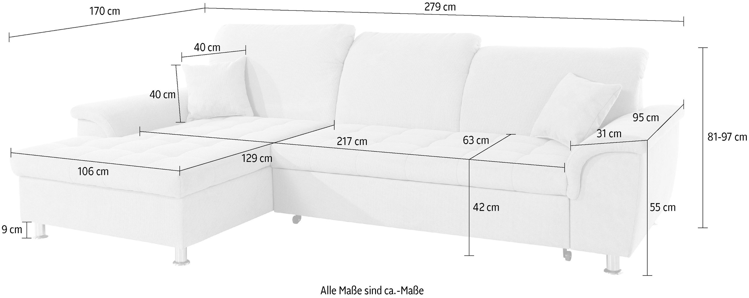 DOMO collection Ecksofa »Franzi L-Form«, wahlweise mit Kopfteilverstellung (dann Tiefe: 170 cm)