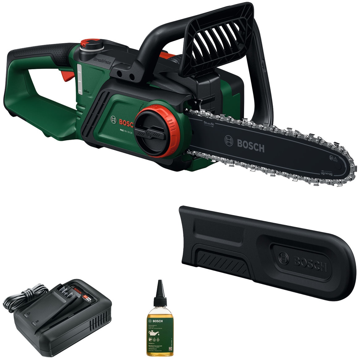 Akku-Kettensäge, grün, BOSCH HOME & GARDEN, Kettensägen, "PKE18V-30-28 KIT", für schnelles und einfaches Schneiden von großen Ästen und Stämmen