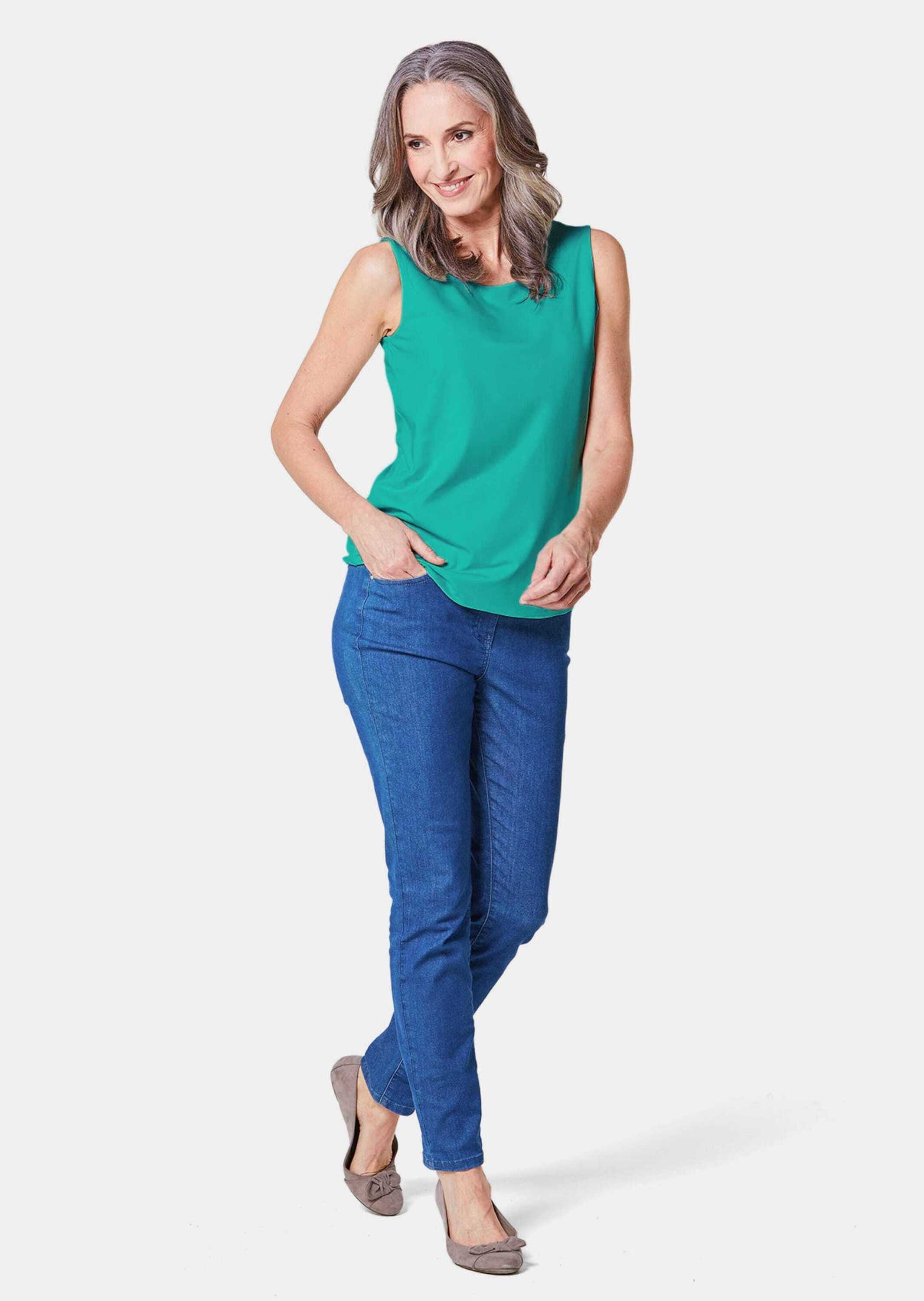 Trägertop GOLDNER "Kurzgröße Gepflegtes Top in formstabiler Ware", Damen, Gr. 19, blau (türkis), Obermaterial: 82% Polyester PES. 18% Elasthan EL., Sonstiges, Tops Trägertop, ohne 3