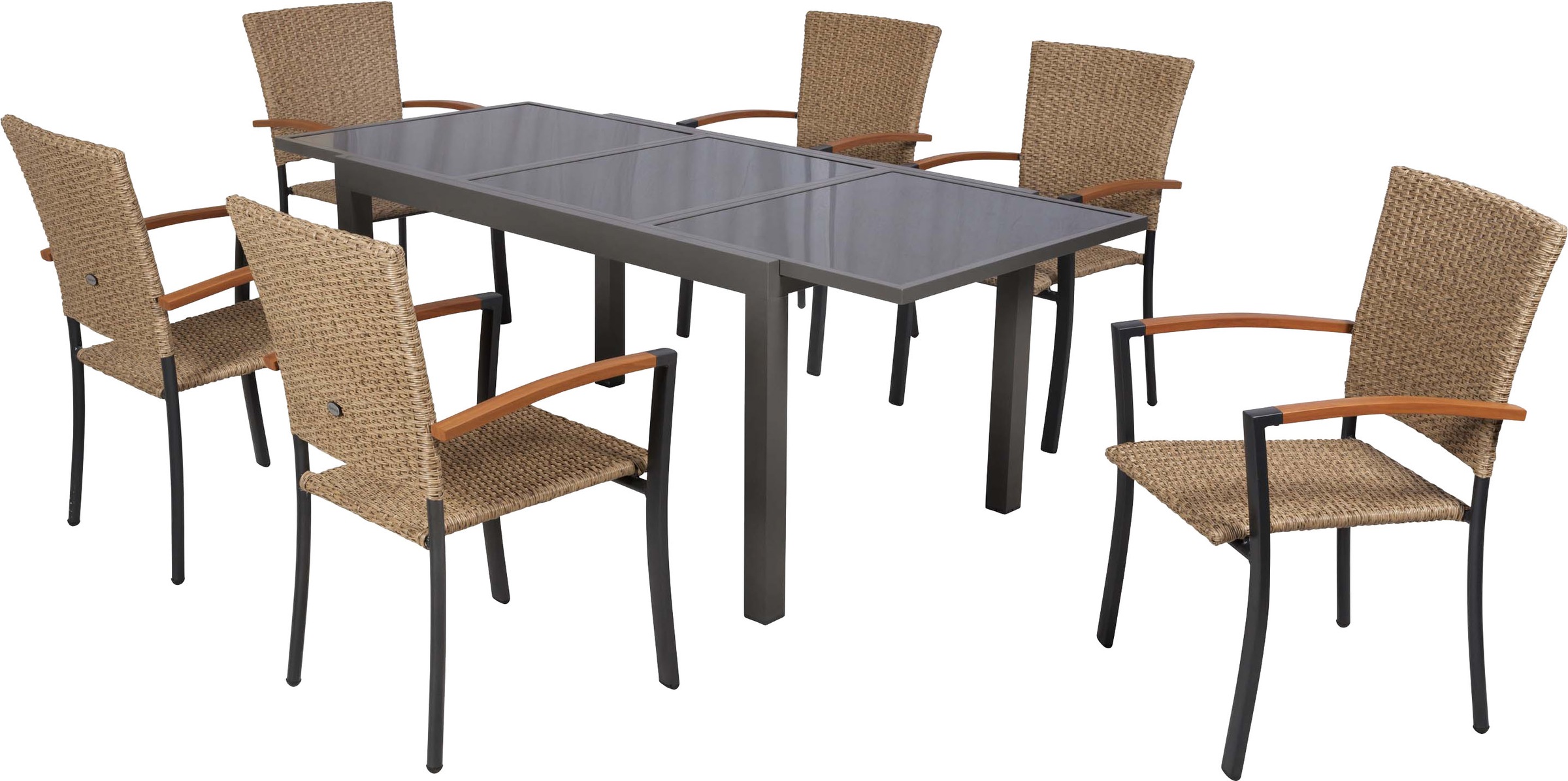 MERXX Garten-Essgruppe »Teramo« Set, 7 tlg. inkl. 6 Stapelsessel, 1 Ausziehtisch