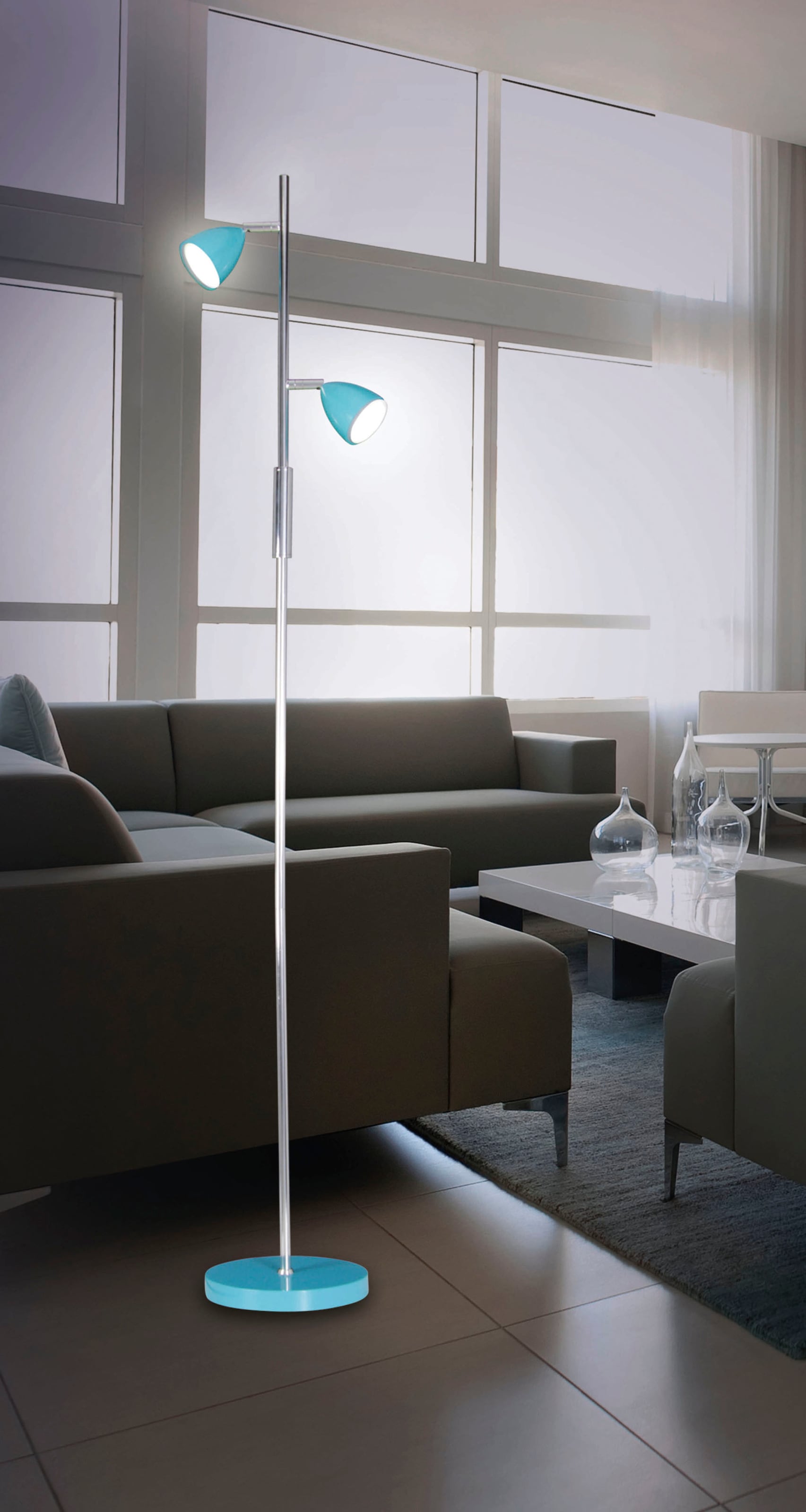 näve LED Stehlampe »Aaron«, 2 flammig, 2flg., h: 145cm, Schirme und Fuß in türkis/chrom, An/Aus-Schalter
