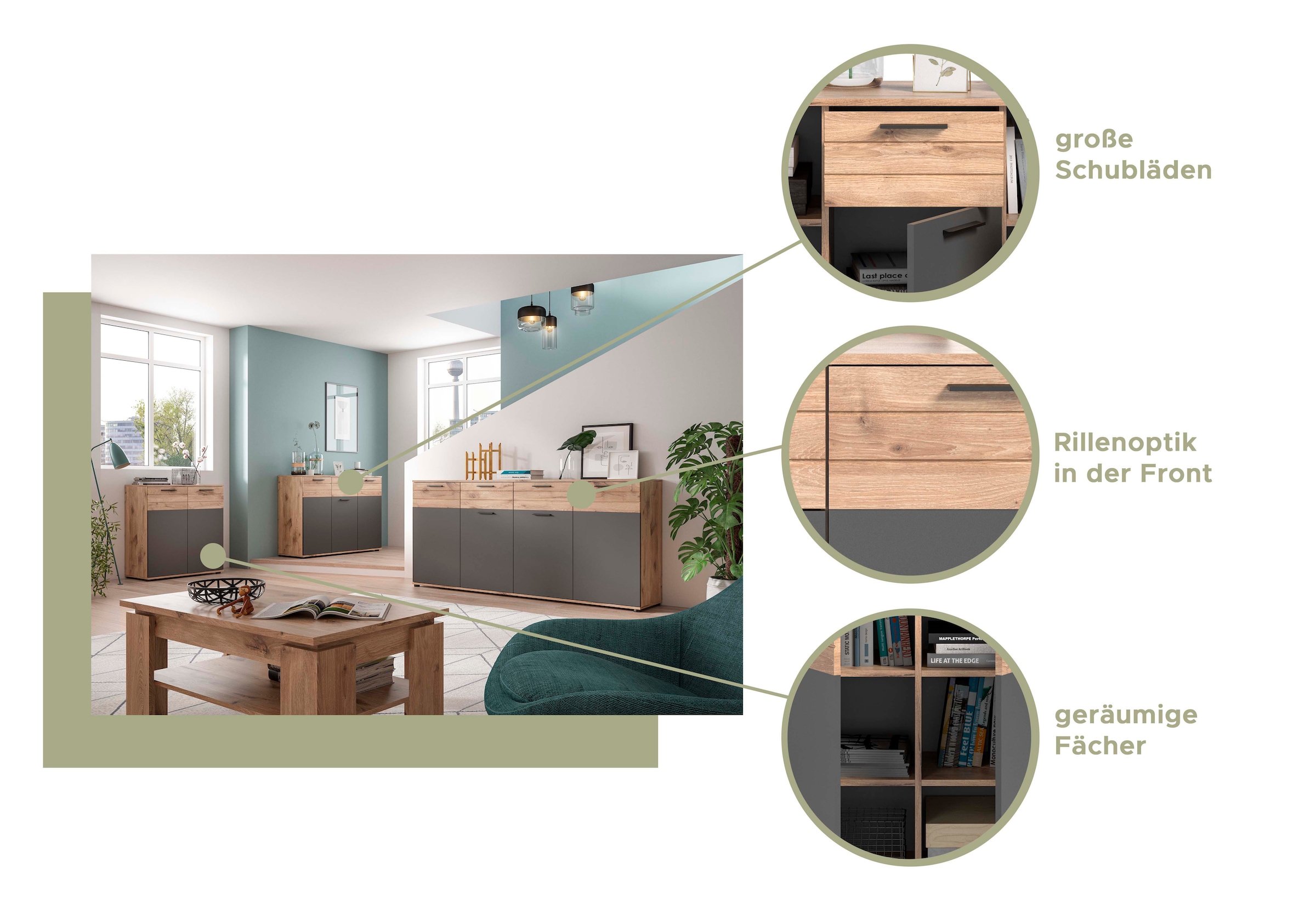 INOSIGN Sideboard »Riga, Breite 120cm, 3 Türen, 1 Schubkasten, 5 Einlegeböden, 8 Fächer«, hochwertige Rillenfräsung, mit Softclose, Kommode, Anrichte, Schrank