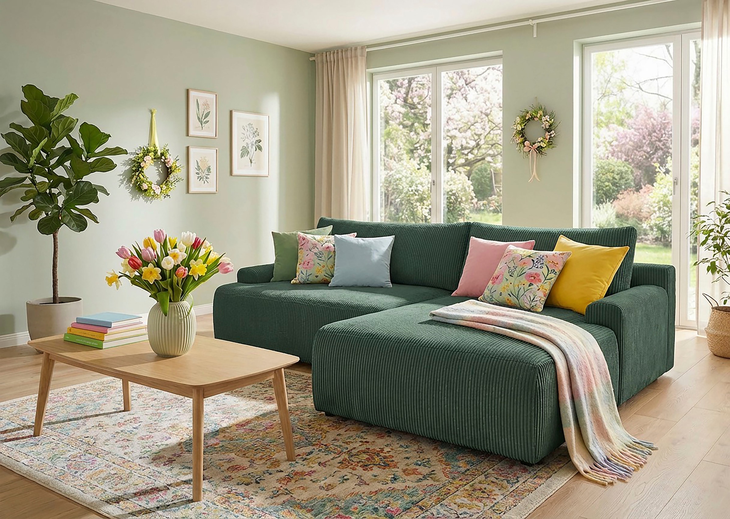 TRENDMANUFAKTUR Ecksofa "Prag, Schlafsofa mit Bettkasten, Couch in L-Form, Breite 253 cm" in Cordstoff HYPER, dunkelgrün, Recamiere rechts