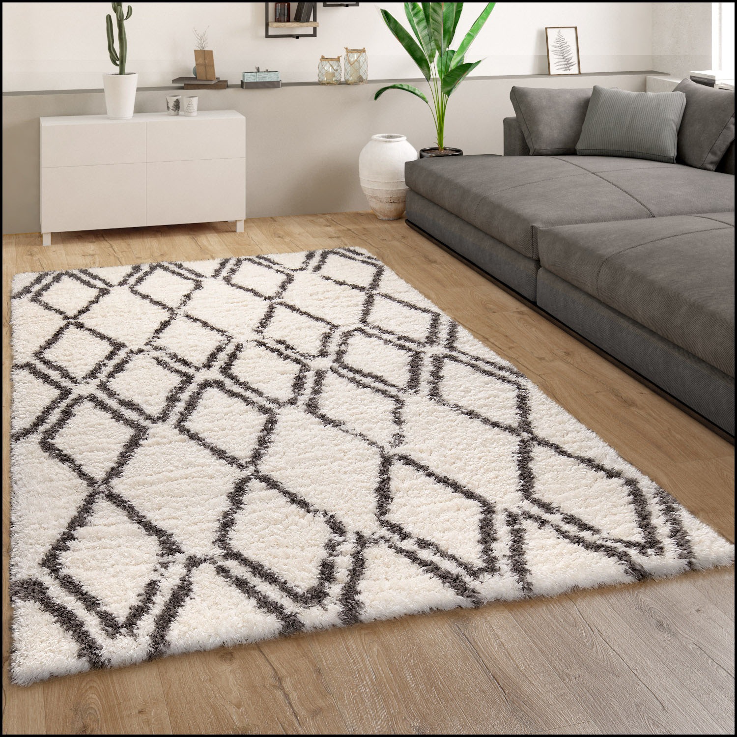 Hochflor-Teppich PACO HOME "Maghreb 77", beige, B:120cm H:44mm L:160cm, Polyester, Teppiche, modernes Rauten Design, weich und flauschig 3