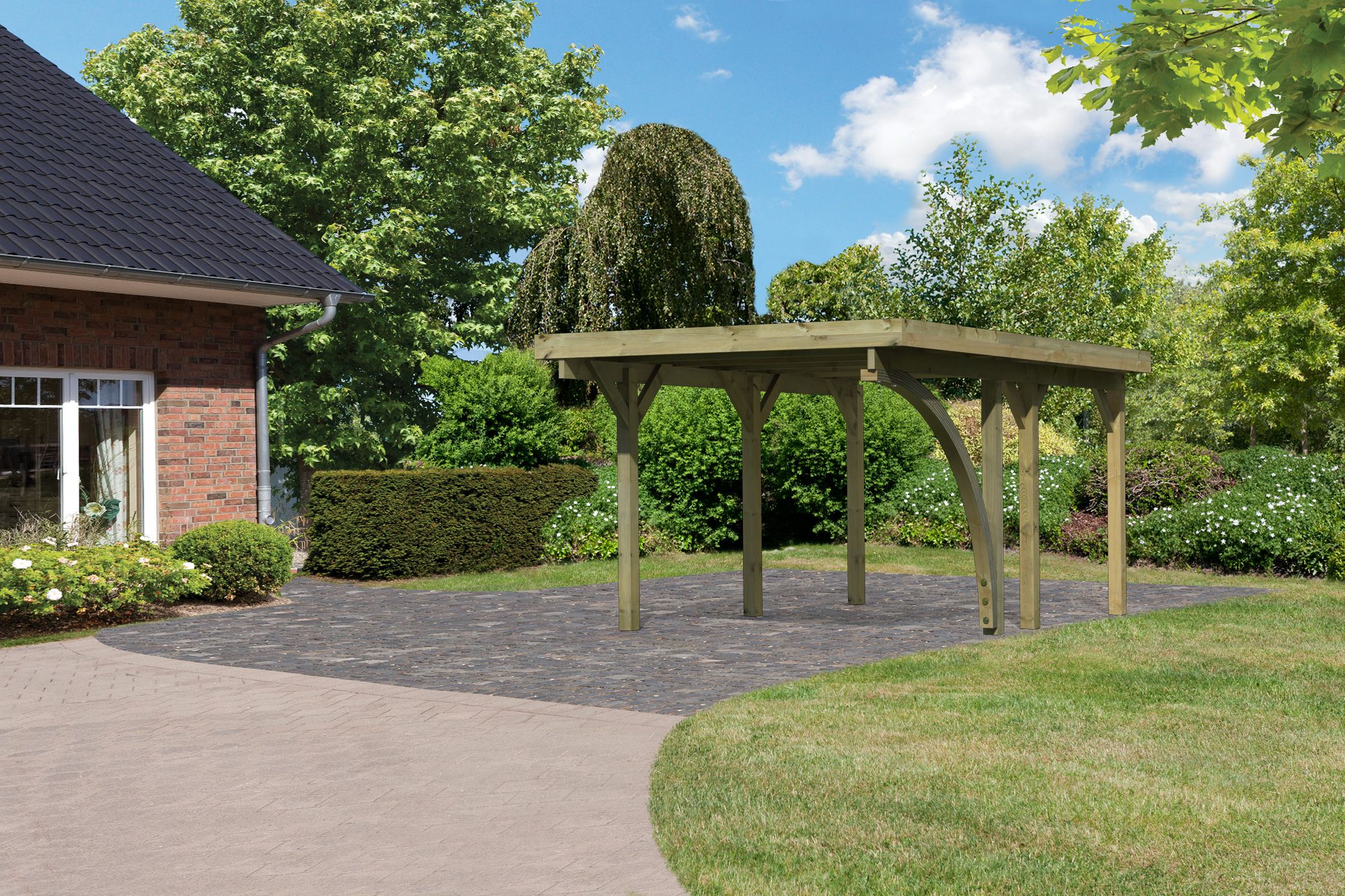 Karibu Einzelcarport ""Classic 1 SET" Stahl-Dach Variante B, mit einem Einfahrtsbogen" Massivholz 250 cm KDI aus Masivholz