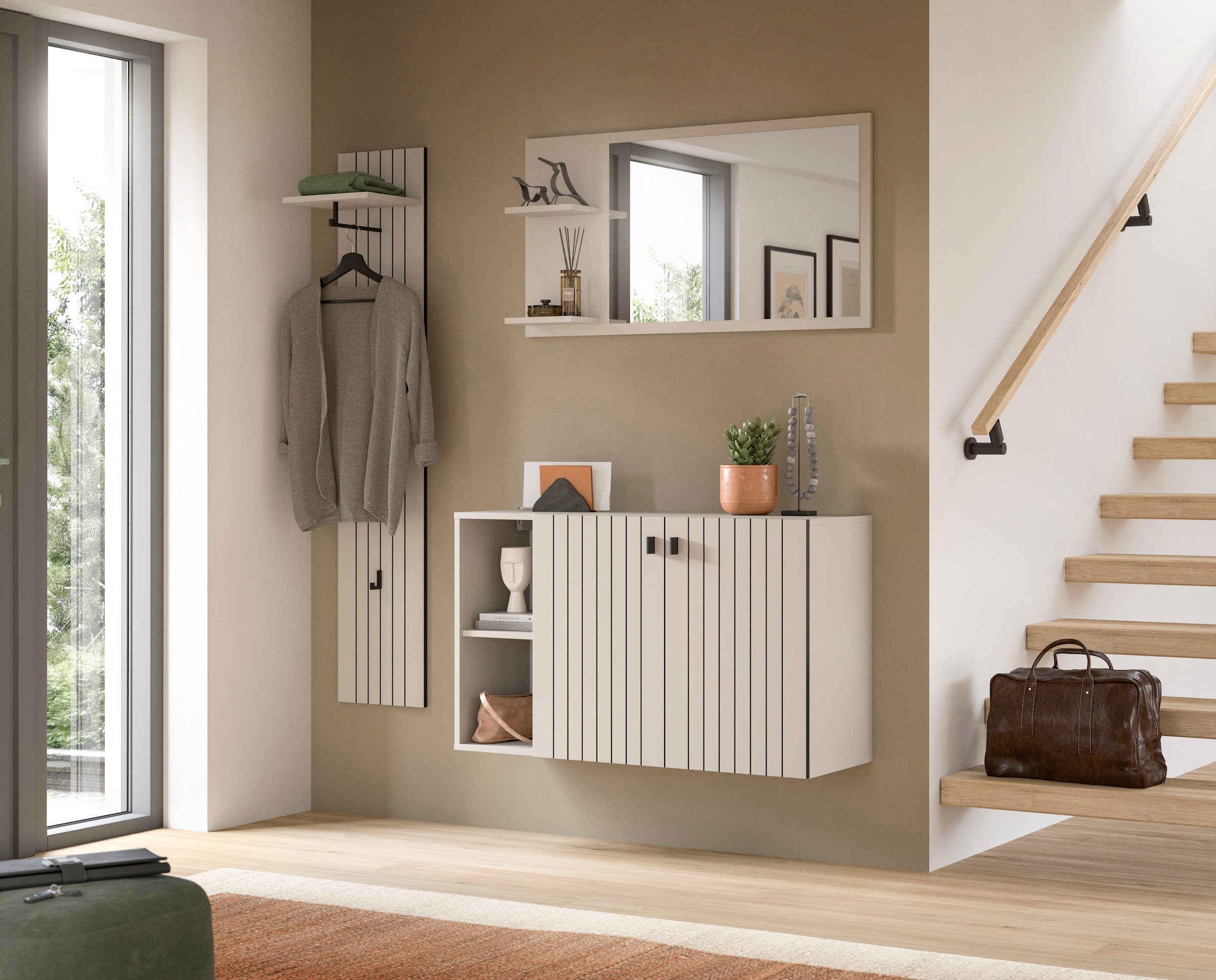 Home affaire Garderobenpaneel »TATIO, Rillenfräsung, 4 Haken, 1 Kleiderstange, 1 Ablageboden« 1 Stk. tlg. Garderobenpaneel, Garderobe, Flur, Diele