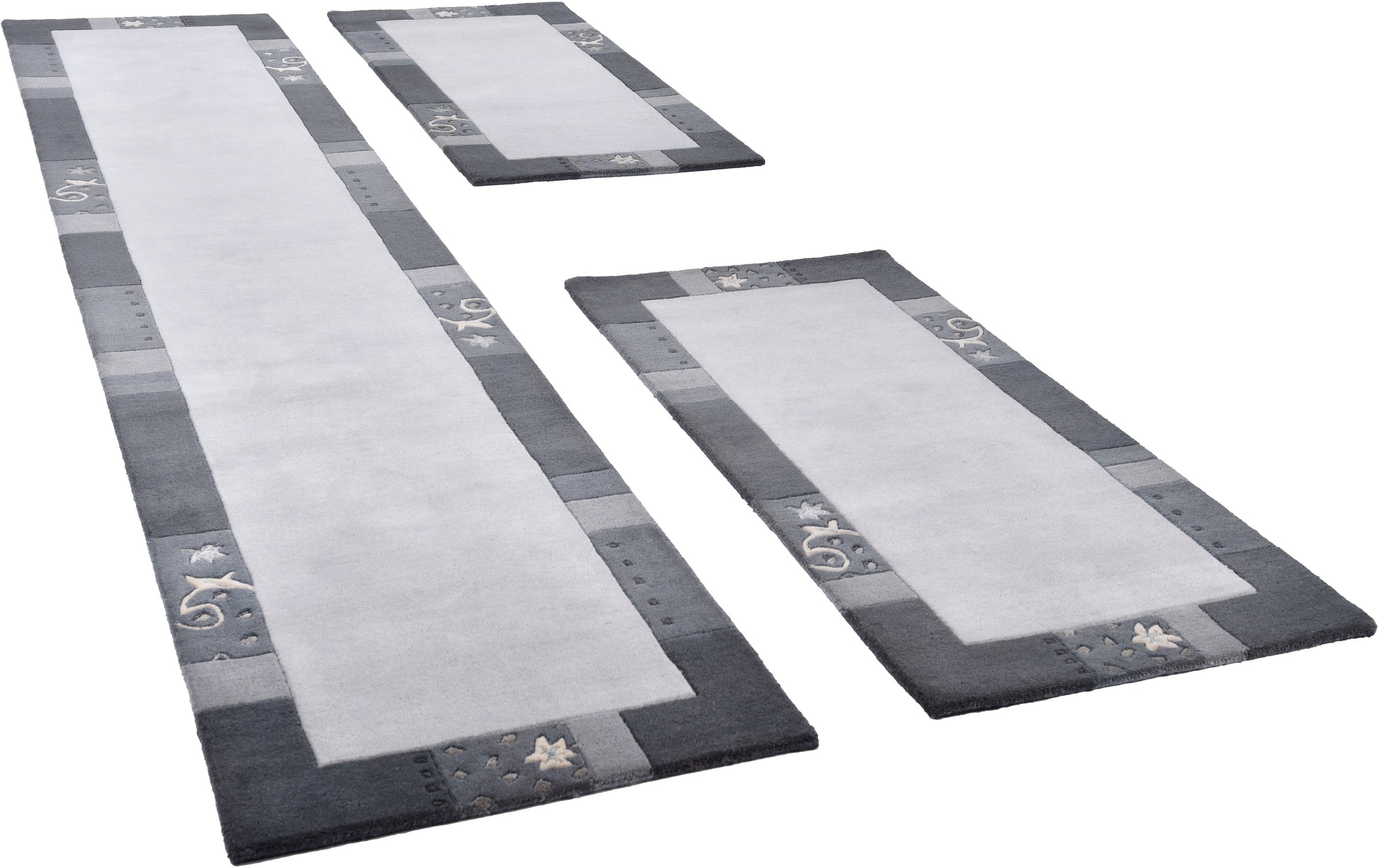 Bettumrandung THEKO "Royal Ganges", silber (silberfarben), H:13mm, Obermaterial: 95% Wolle, 5% Viskose, Bettumrandungen, Bettvorleger, 3-teiliges Läufer-Set fürs Schlafzimmer, 100% Wolle 2
