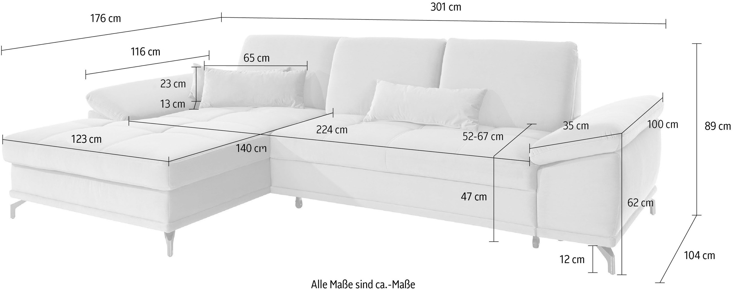 Places of Style Ecksofa Costello, mit Sitztiefenverstellung und Armlehnfunktion, incl. 3 Nierenkissen