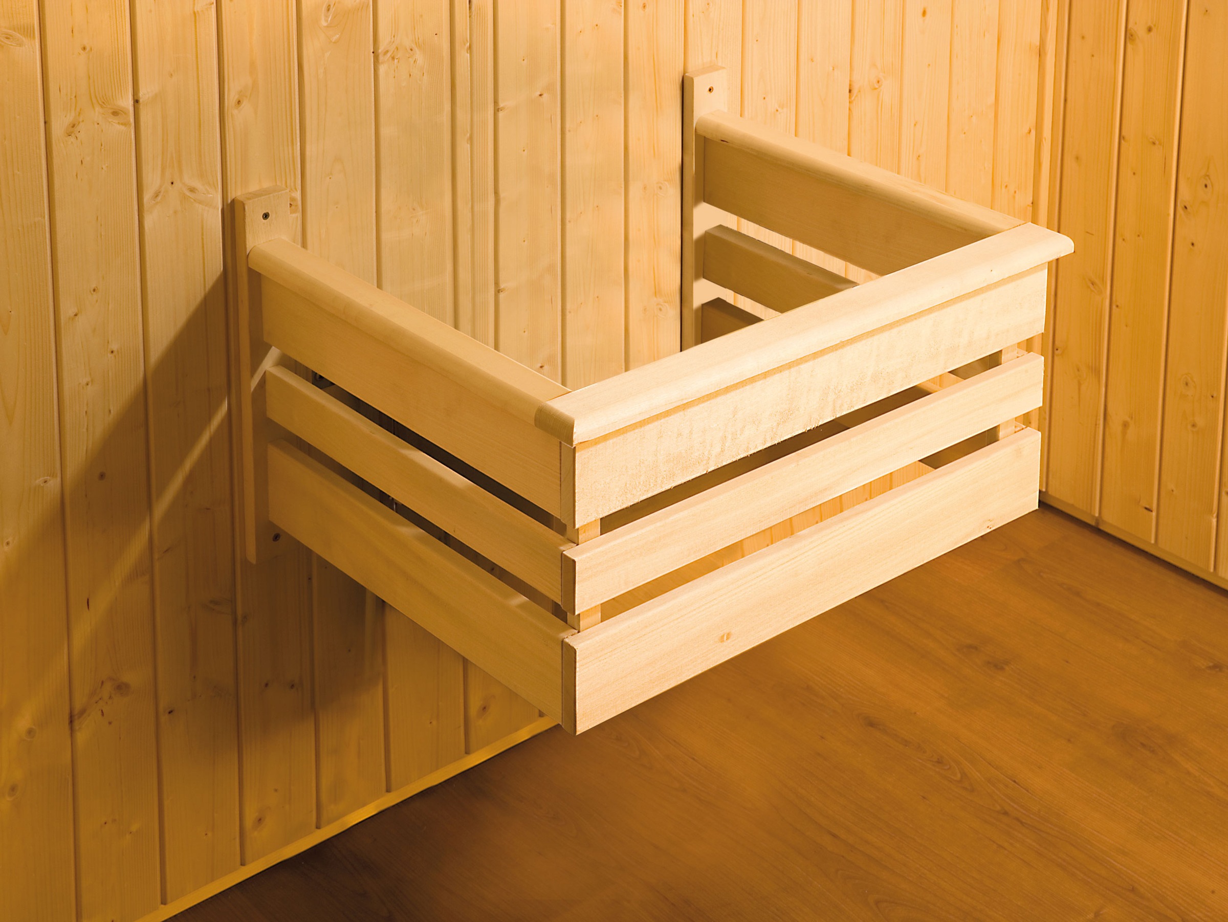 weka Sauna »Premium-Massiv-Elementsauna KEMI 4«, Blockbohlen, vorgefertigte Elemente, moderne Ganzglastür