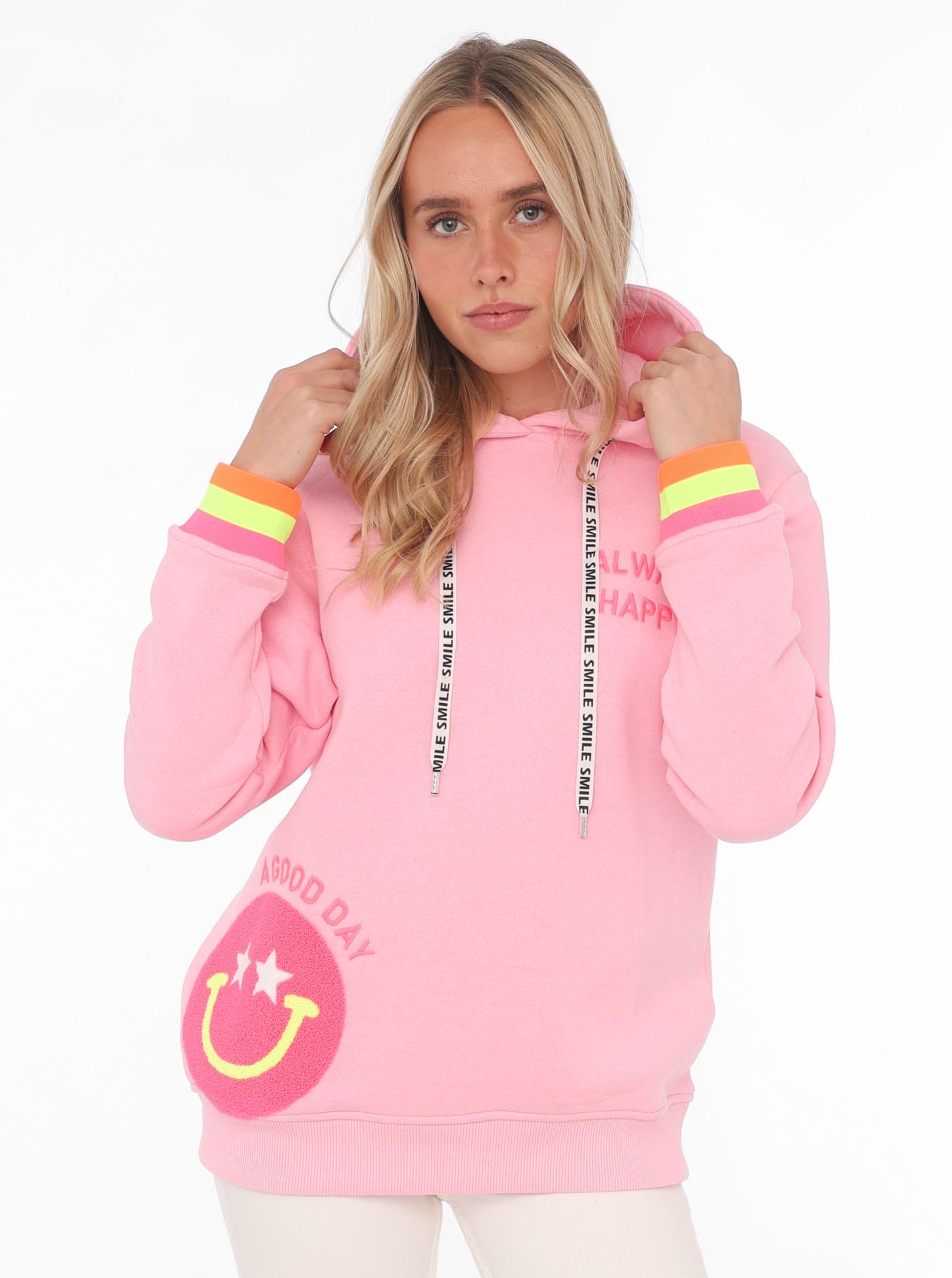 Hoodie »Always Happy«, mit Smiley Aufdruck aus Frottee und Neon Details