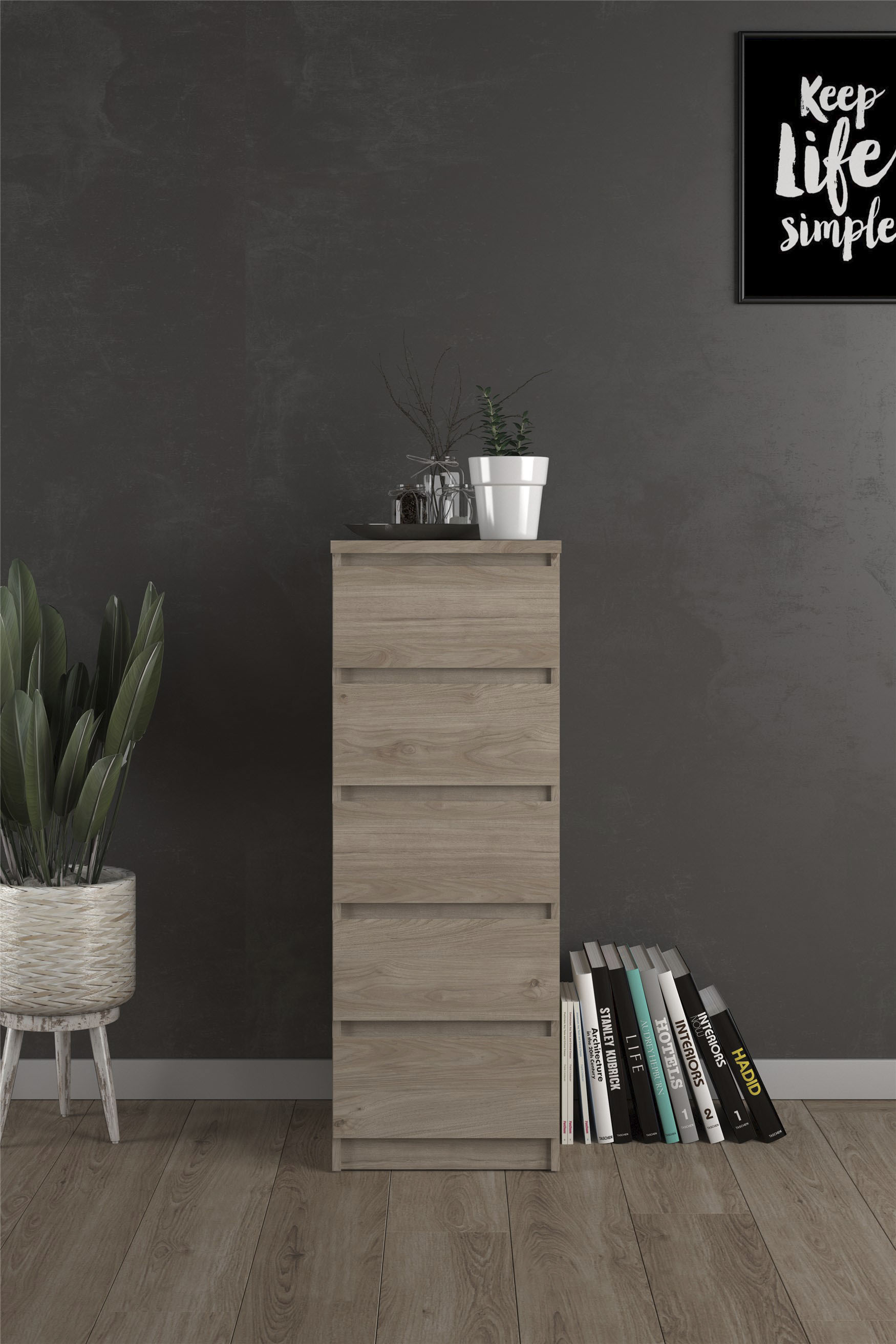 Home affaire Highboard "Naia, Hochkommode, 5 Schubladen, Aufbewahrung, grifflose Front" Modern, skandinavisches Design, Schmal, in mehrere Farben