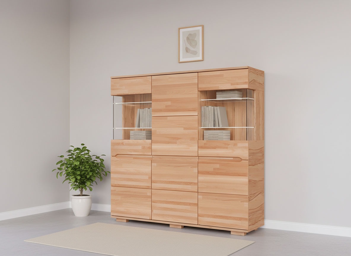 OTTO home Highboard "VETRO Teilmassiv, Fronten Massivholz, Wohnzimmer, Stauraum,Griffmulde" B/T/H:150/40/1445,5cm, 15geschlossene Fächer,verstellbare Einlegeboden