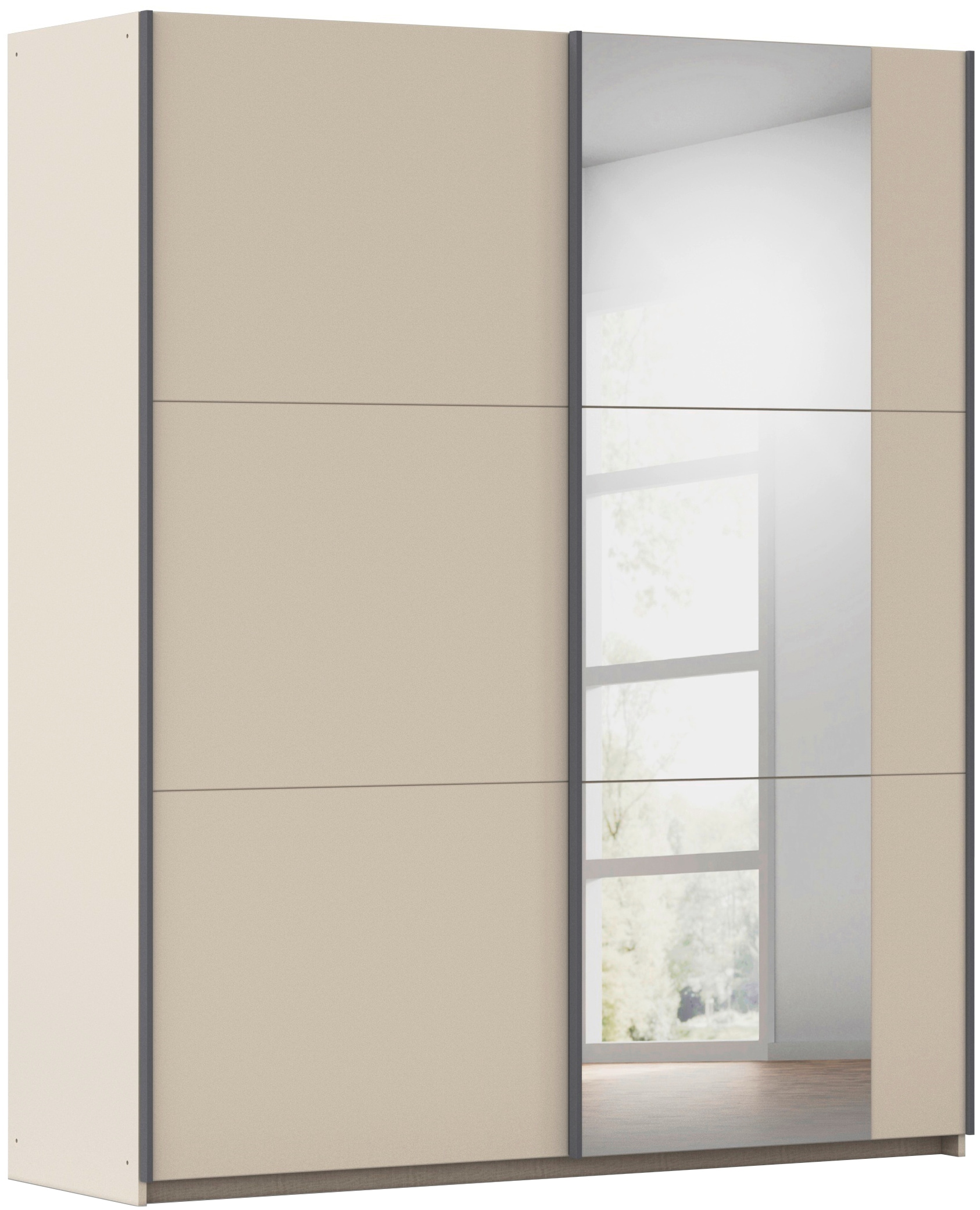 rauch Schwebetürenschrank "Kleiderschrank Drehtürenschrank Schrank Garderobe KRONACH" in 3 Ausstattungen BASIC/CLASSIC/PREMIUM, Breiten 131/175/218/261 cm, optional ohne, mit 1 oder 2 Spiegel, viel Stauraum MADE IN GERMANY
