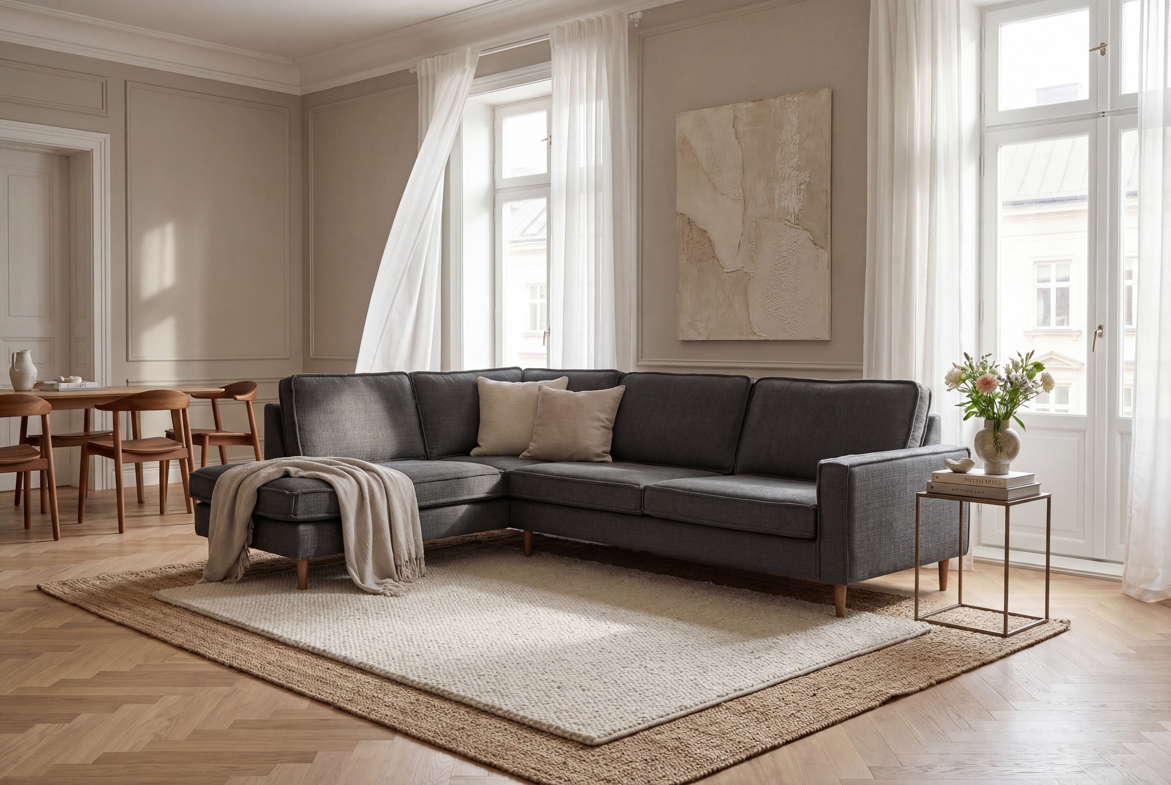 OTTO home Ecksofa "Pinto Skandi, 290 cm, Chenille, Struktur, Ottomane links / rechts" mit Keder, Massivholzfüße Eiche geräuchert, Wellenunterfederung