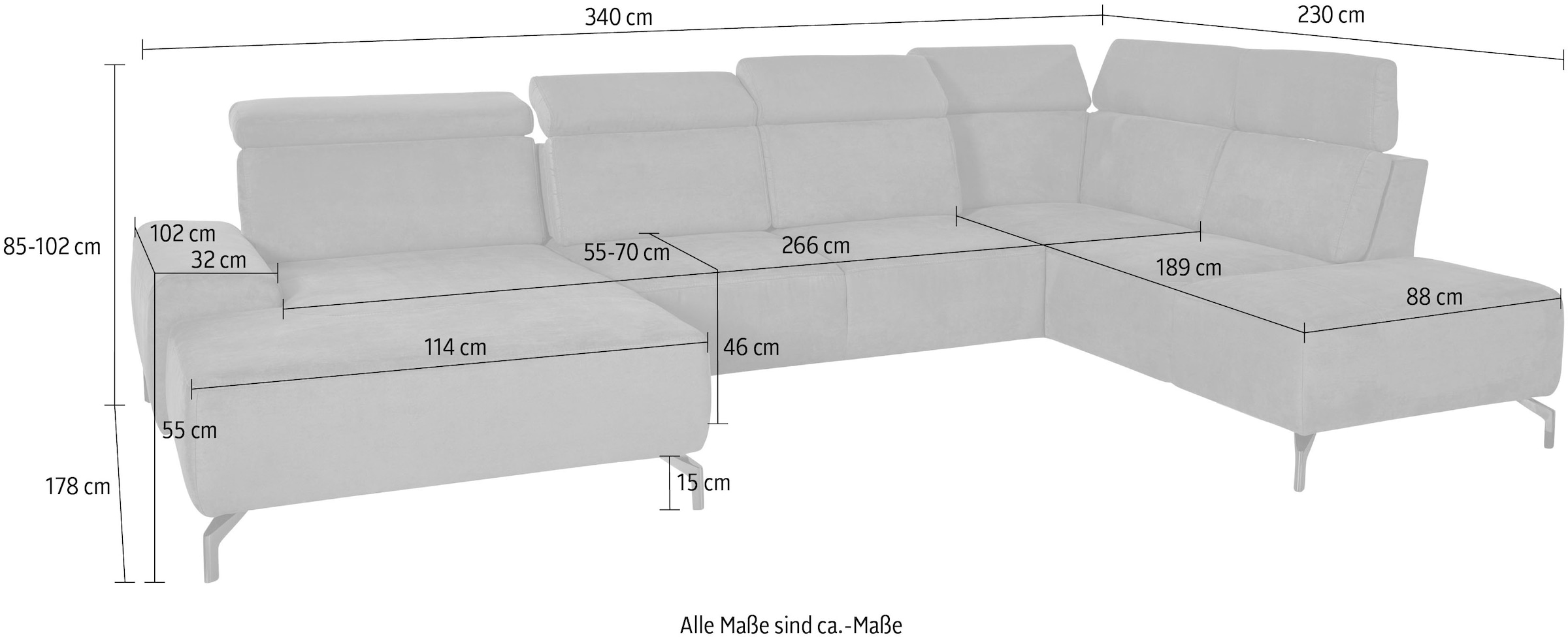 sit&more Wohnlandschaft »Gizeh U-Form«, 15 cm Fußhöhe, inklusive Sitztiefenverstellung und Kopfteilverstellung