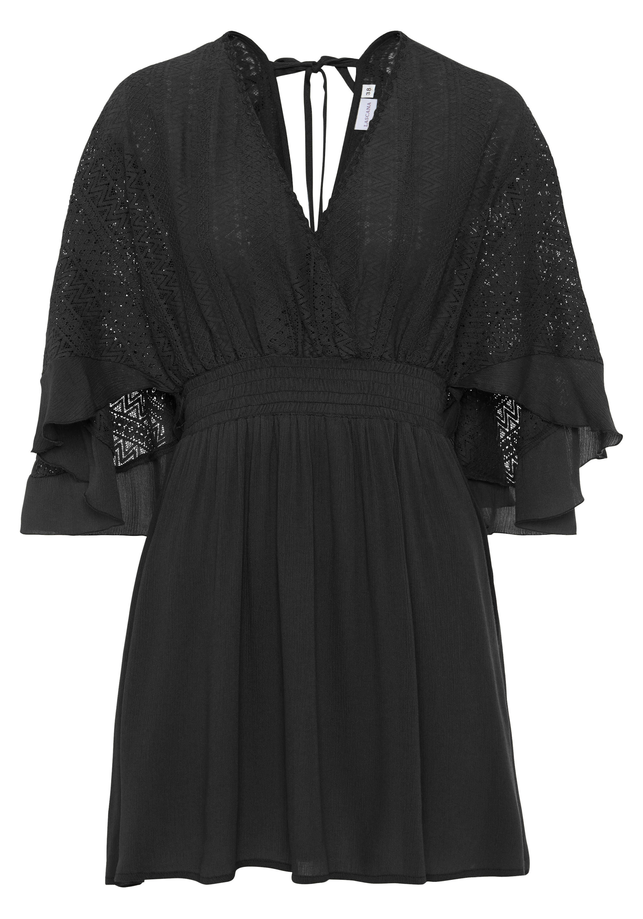 LASCANA Tunikakleid "mit weiten Ärmeln, Oberteil aus Spitze, aus leichtem Viskose-Crepe" Ohne Taschen Beachkleid, luftiges Strandkleid, Minikleid, Boho-Kleid, Festival