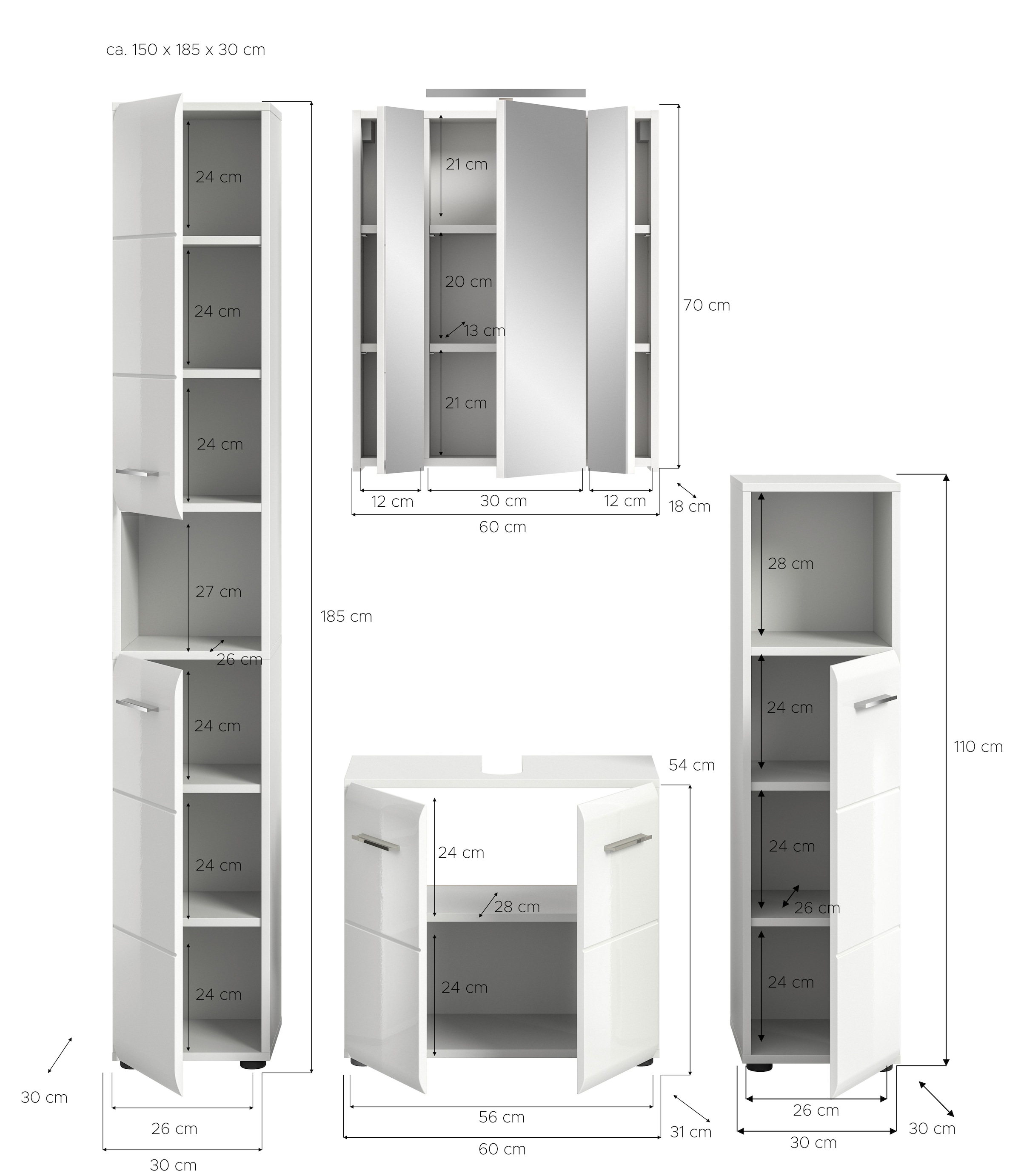 INOSIGN Badezimmer-Set, (Set, 5 St.), Florenz, Badkombination 5-tlg., Weiß hochglanz,l inkl Beleuchtung