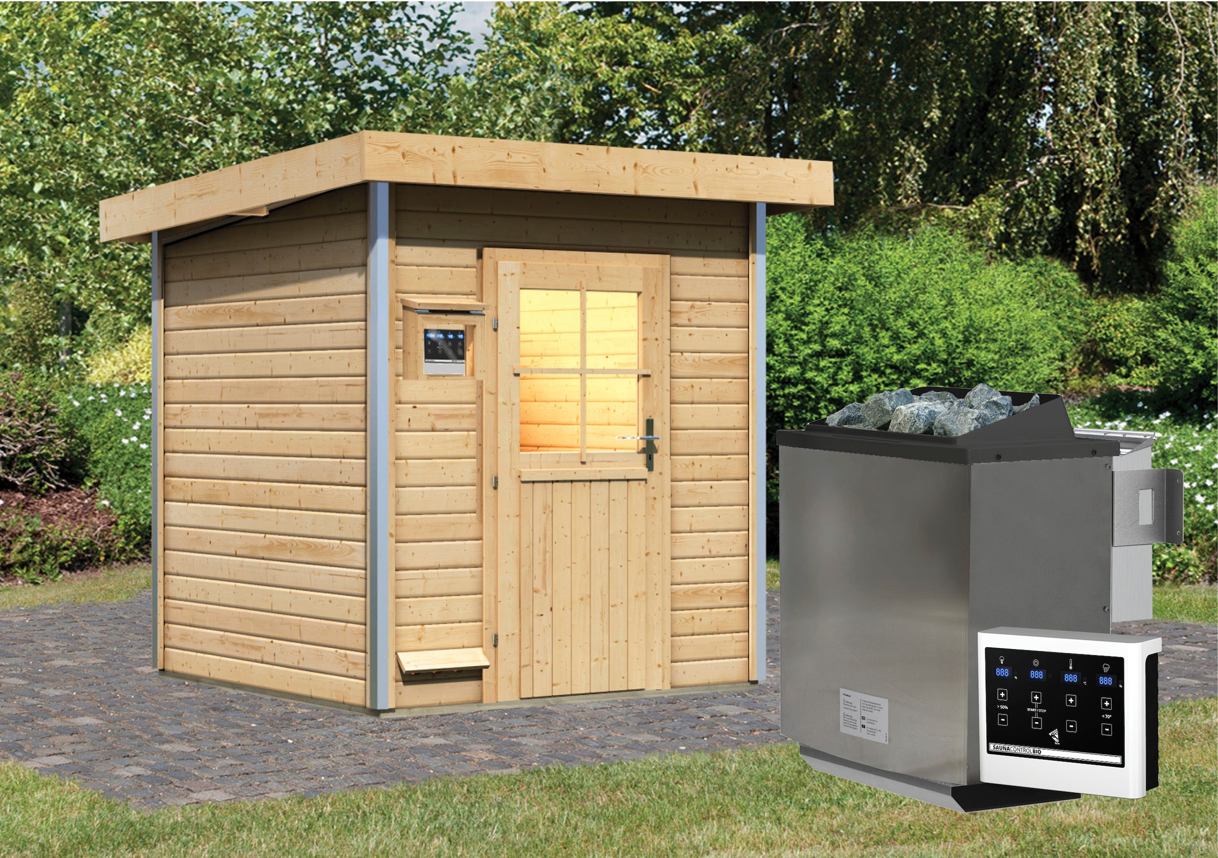 Karibu Saunahaus »Klaas«, klassiche Tür, Ofen 9 kW Bio externe Strg Easy