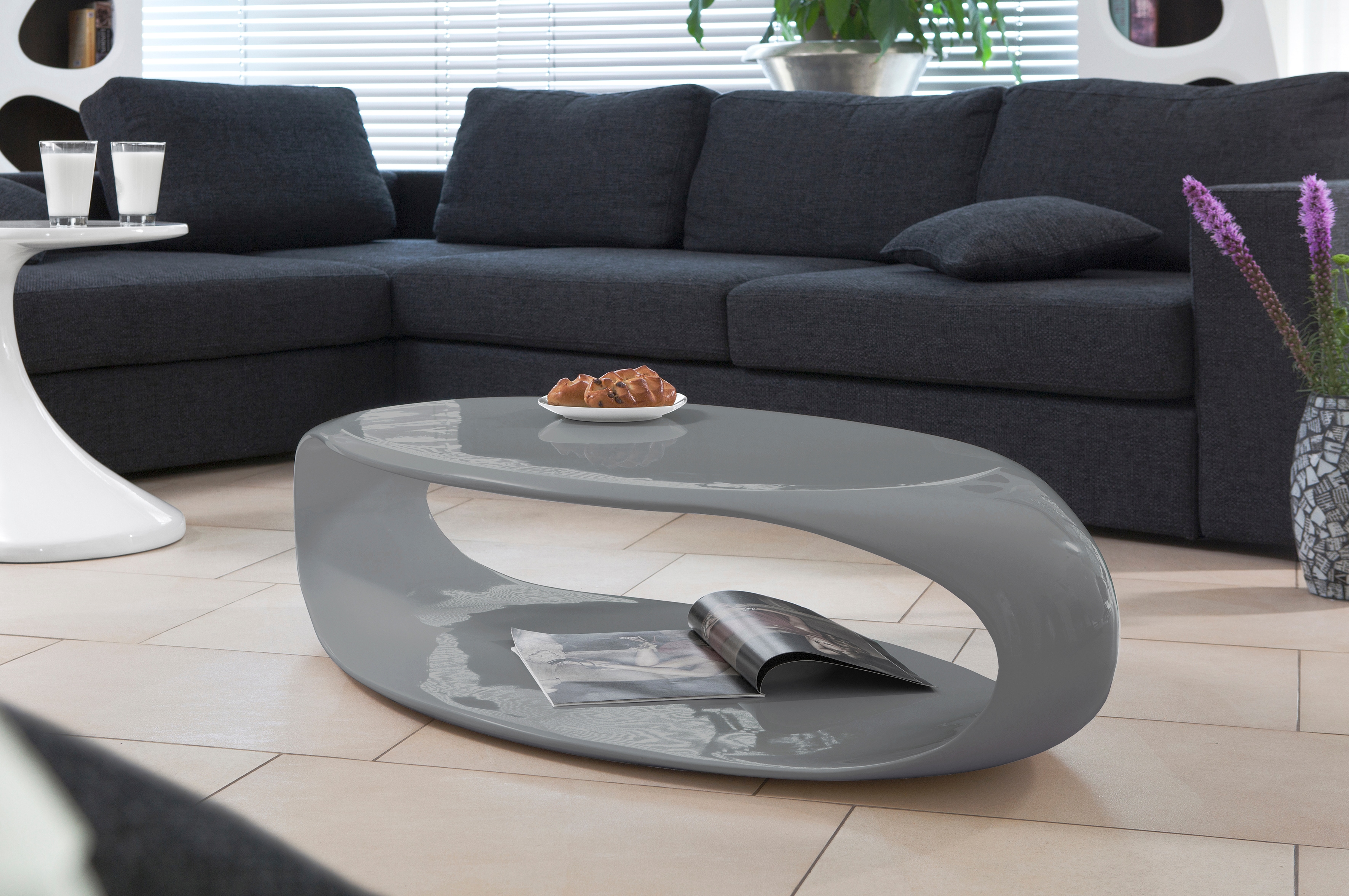 vidaXL Couchtisch Ovale Glasplatte Hochglanz-Grau Beistelltisch Wohnzimmer GI