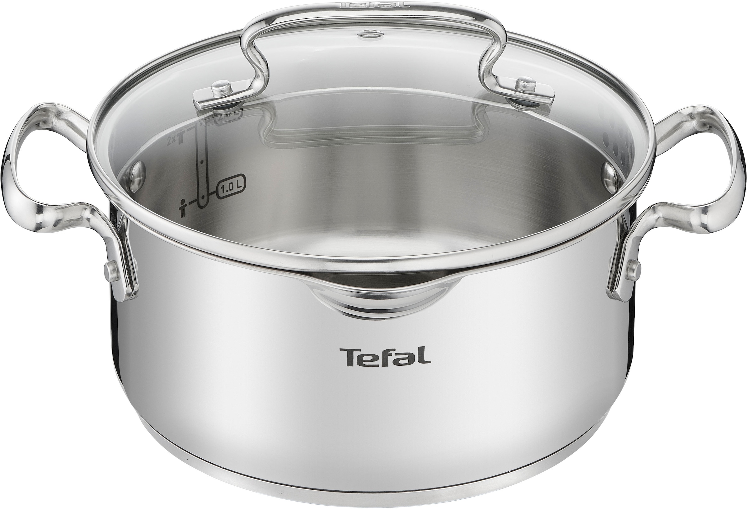Tefal Kochtopf »Duetto+«, Edelstahl 18/10, hochglanzpoliert, Glasdeckel mit Siebfunktion