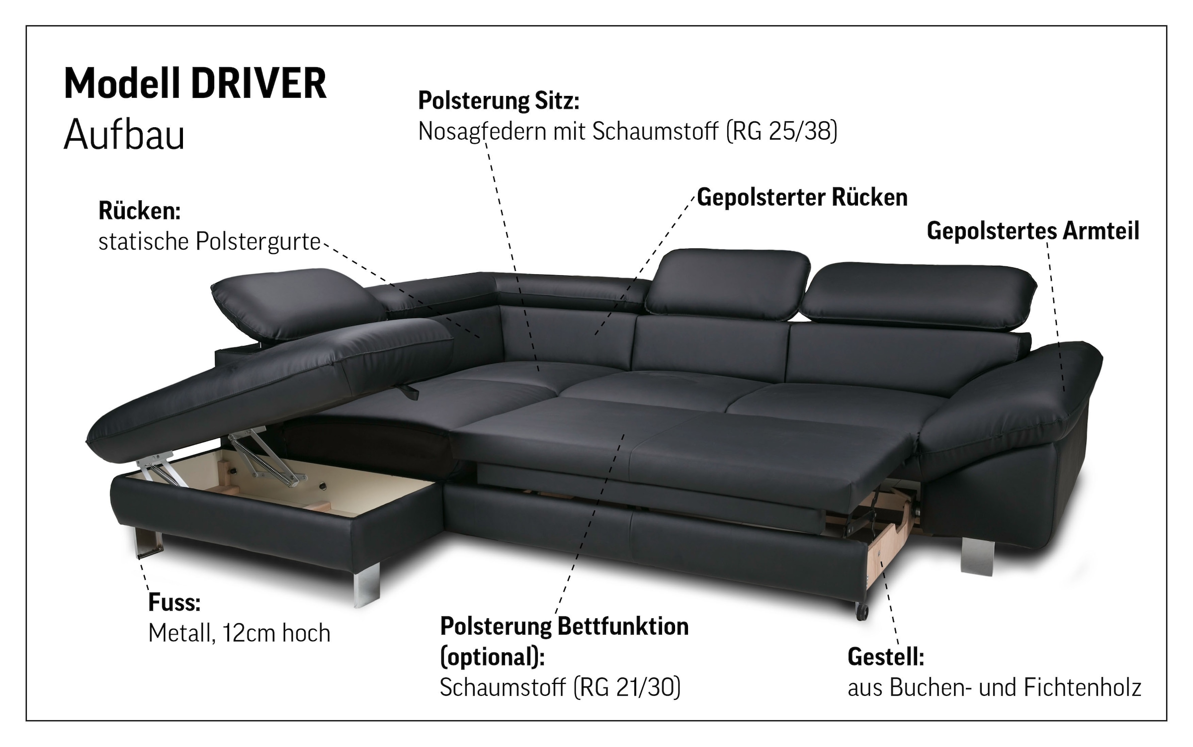 COTTA Ecksofa »Driver L-Form, B: 265cm, moderne Couch, Wellenunterfederung, inkl. 3 x« Kopfteilverstellung, optional Schlaffunktion & Bettkasten