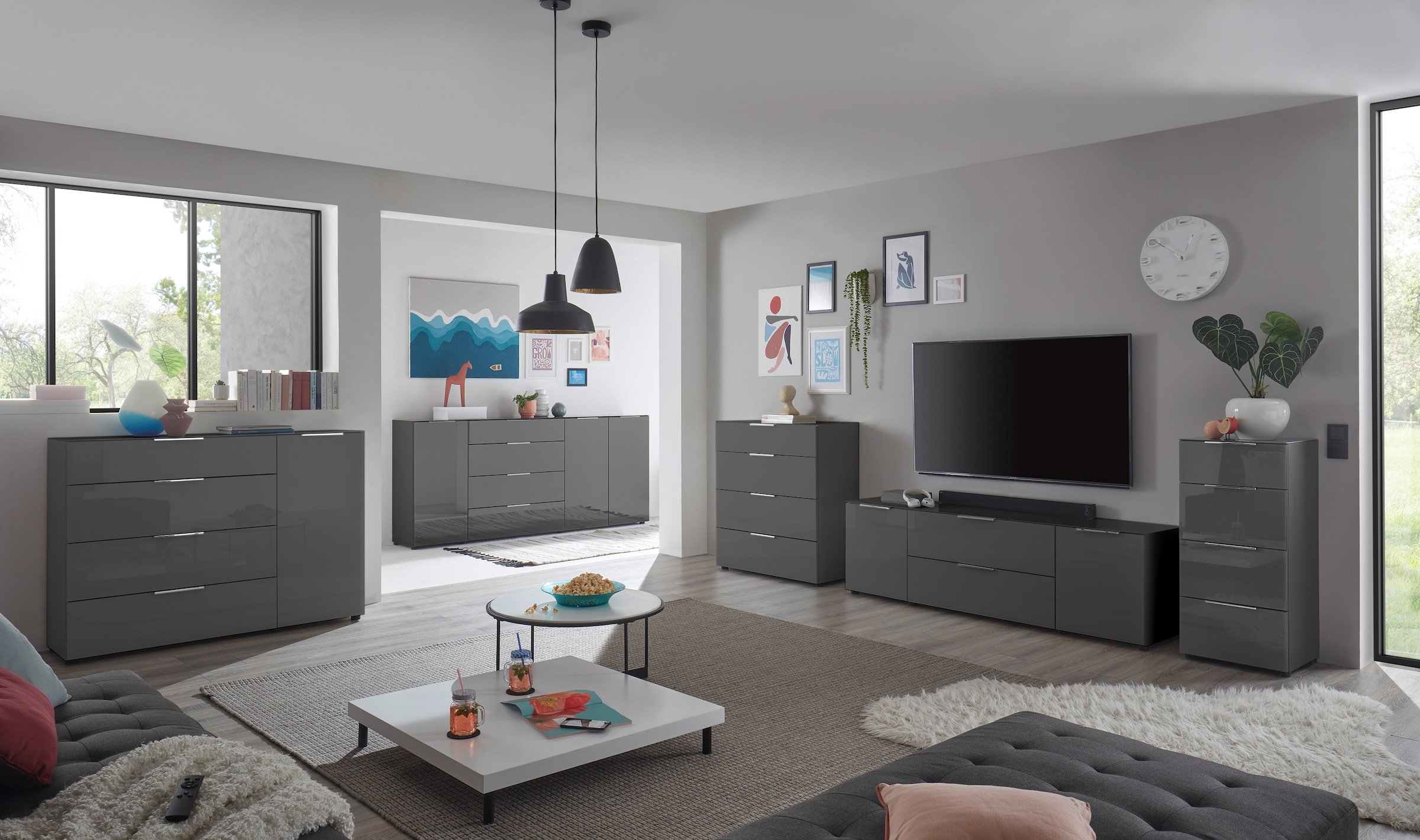 HBZ Kommode »Santorin Mehrzweckschrank mit Schubkästen, BxHxT 45x99x40 cm«, (1 St.), Mit 4 Schubkästen mit Softclose, Glasfront und Glasoberboden