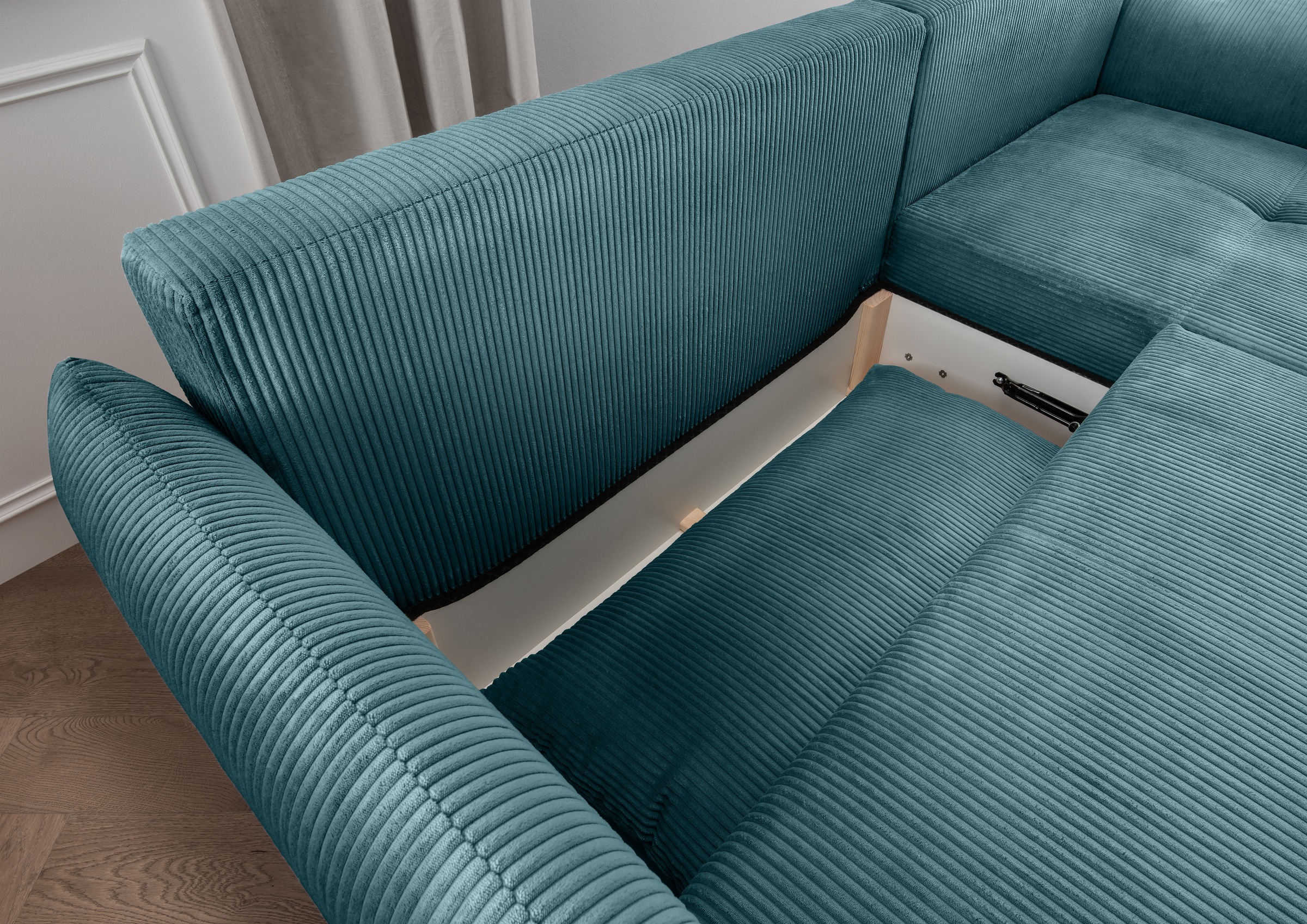 INOSIGN Ecksofa »Mara, aktueller Cord Bezug, wahlweise mit Bett und Bettkasten«, mit schmalen Armlehnen, Recamiere links und rechts montierbar, L-Form