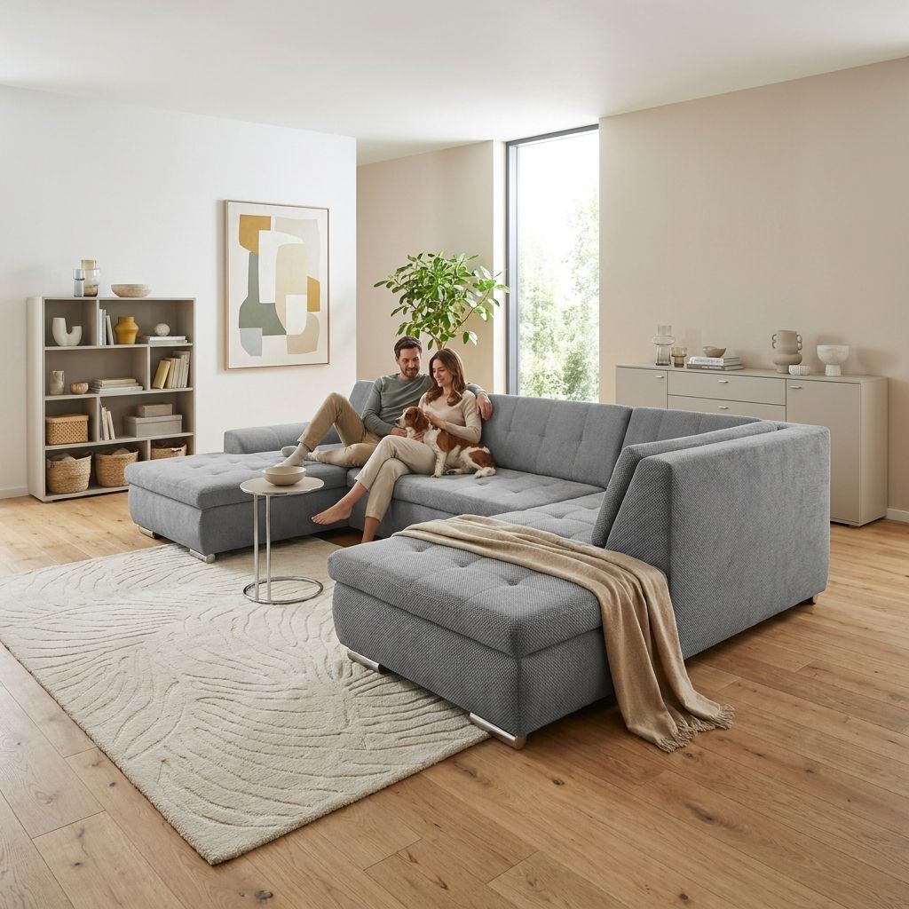 OTTO home Wohnlandschaft "Torrnby 360 x 201 cm, mit Steppungen, modern & stabil" mit Schlaffunktion, U-Form, aus Pet Friendly Bezug