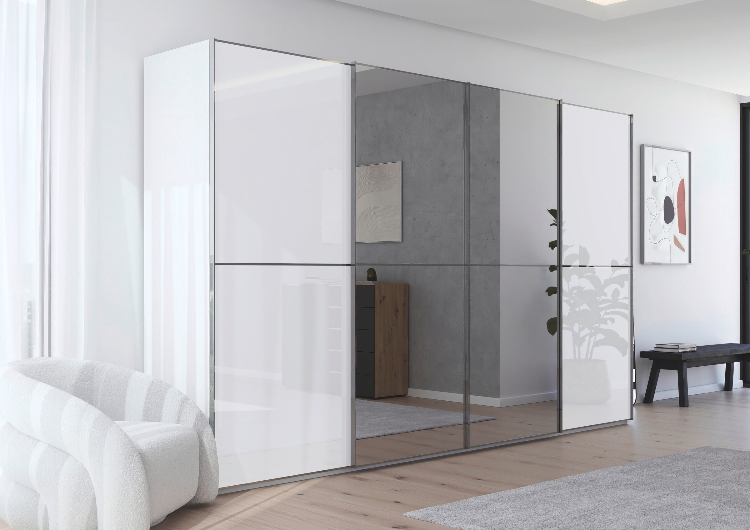 rauch Schwebetürenschrank »Kleiderschrank Schrank Garderobe Schlafzimmerschrank SCALE-DUO«, edle zweigeteilte Türen Spiegel/Glas-Mix 3 Zierleisten MADE IN GERMANY