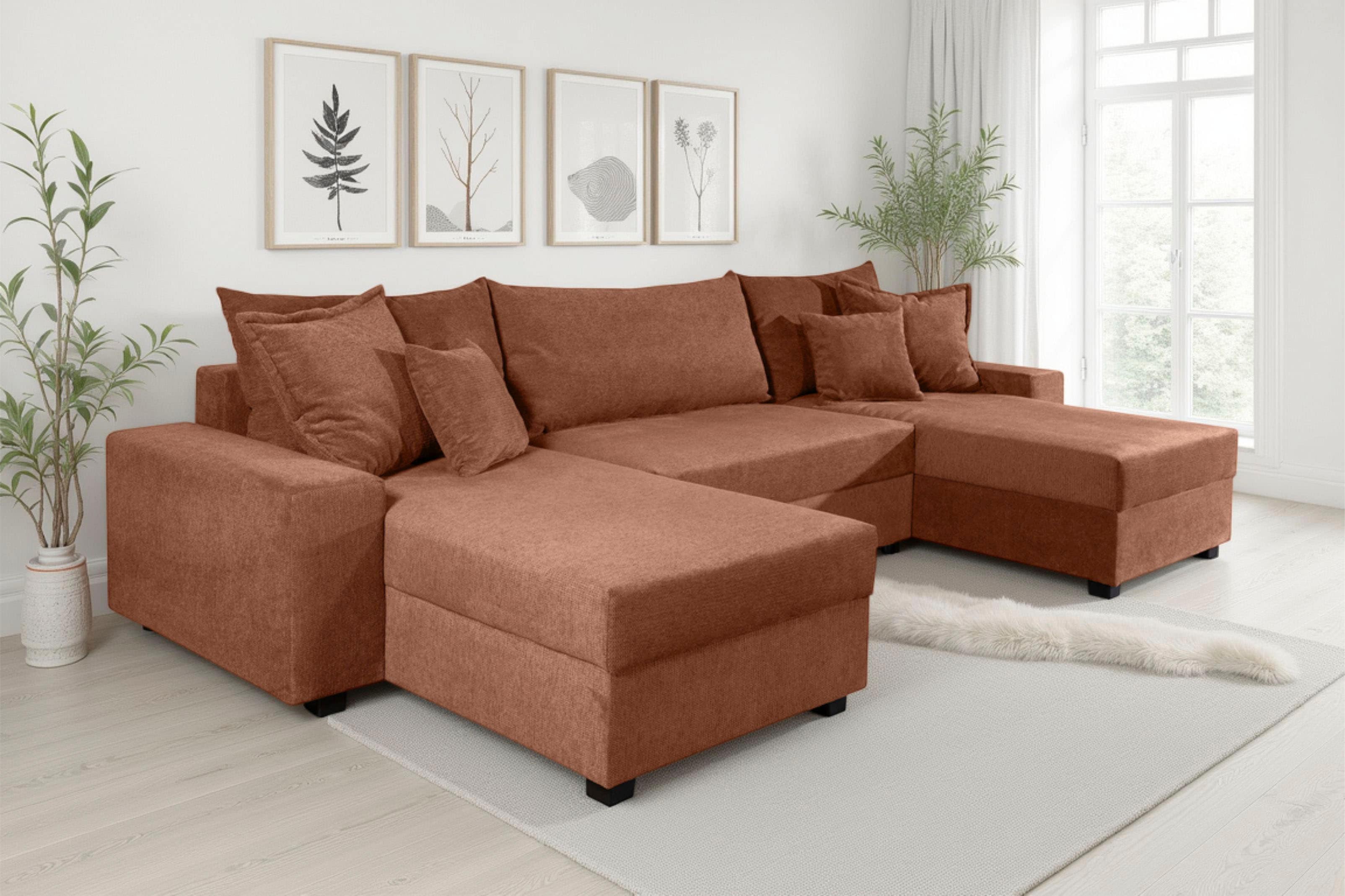OTTO home Wohnlandschaft "Alexa U-Form, B: 313 cm, inkl. Schlaffunktion" inkl. Bettkasten, 4 Zierkissen, XXL Liegefläche 268x137cm, Federkern