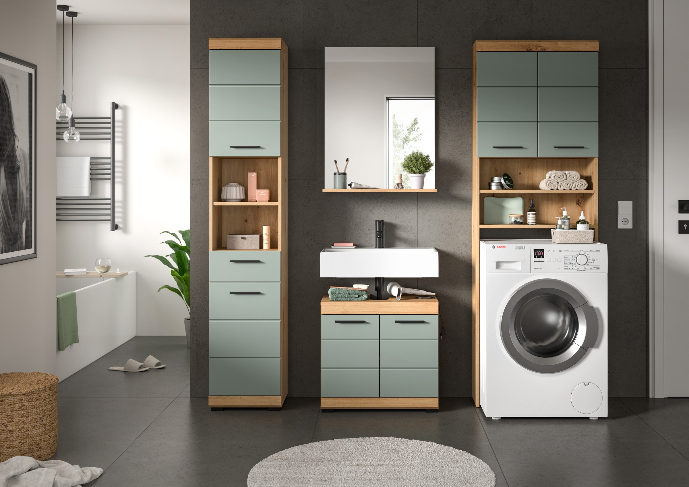 INOSIGN Badmöbel-Set »Siena, 4 teilig, bestehend aus:«, (Set), Hochschrank, WBU, Badspiegel, Waschmaschinenumbauschrank