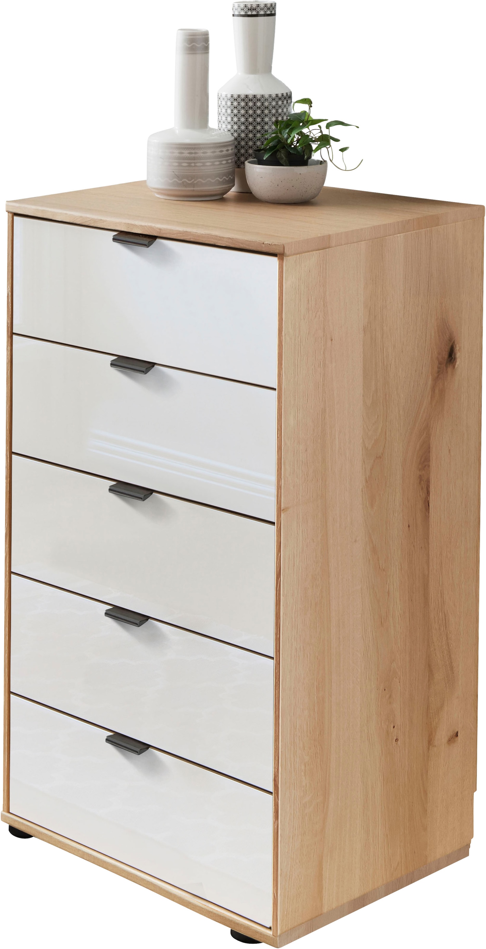 WIEMANN Schubkastenkommode "Cardiff Sideboard, Wäscheschrank, teilmassiv Bianco-Eiche, Schubladen" Glas- oder Massivholzfront, verschiedene Breiten, MADE IN GERMANY, Schubkästen inklusive Selbsteinzug und Dämpfung