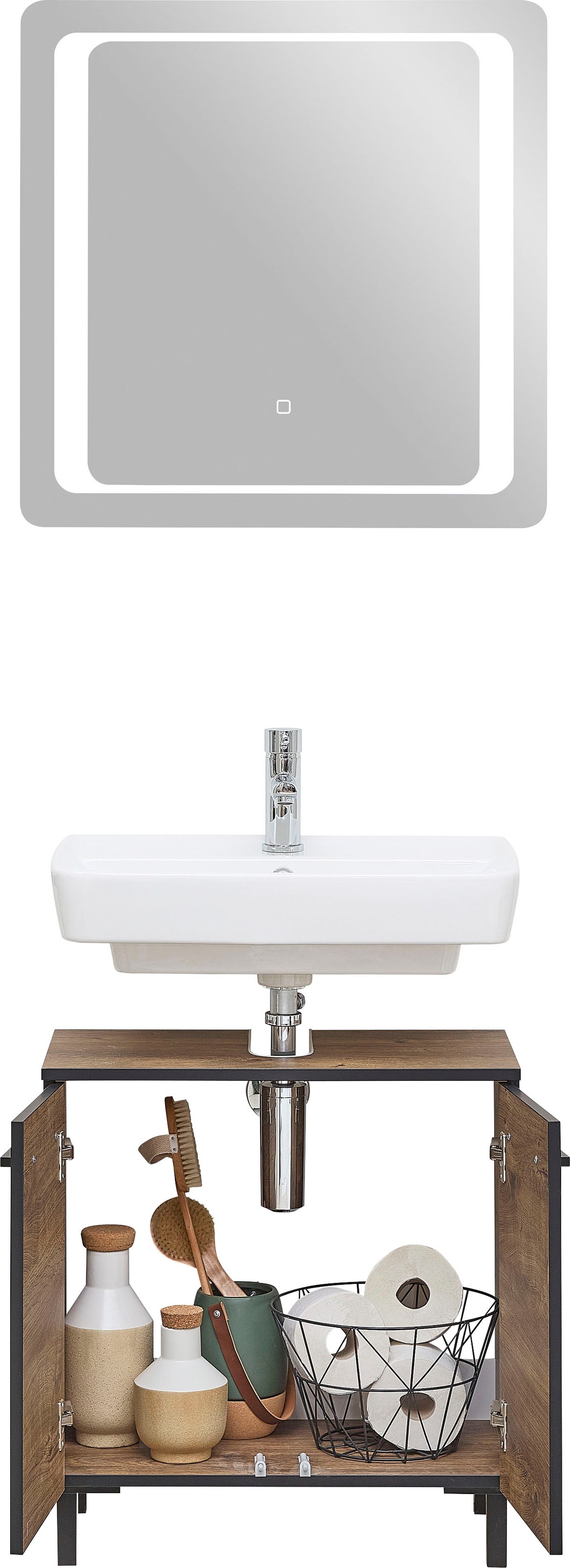 Saphir Badmöbel-Set »Quickset 374 Waschbeckenunterschrank mit LED-Spiegel«, (4 St.), Waschplatz 60 cm breit, inkl. Türdämpfer, 2 Türen, Bad-Set