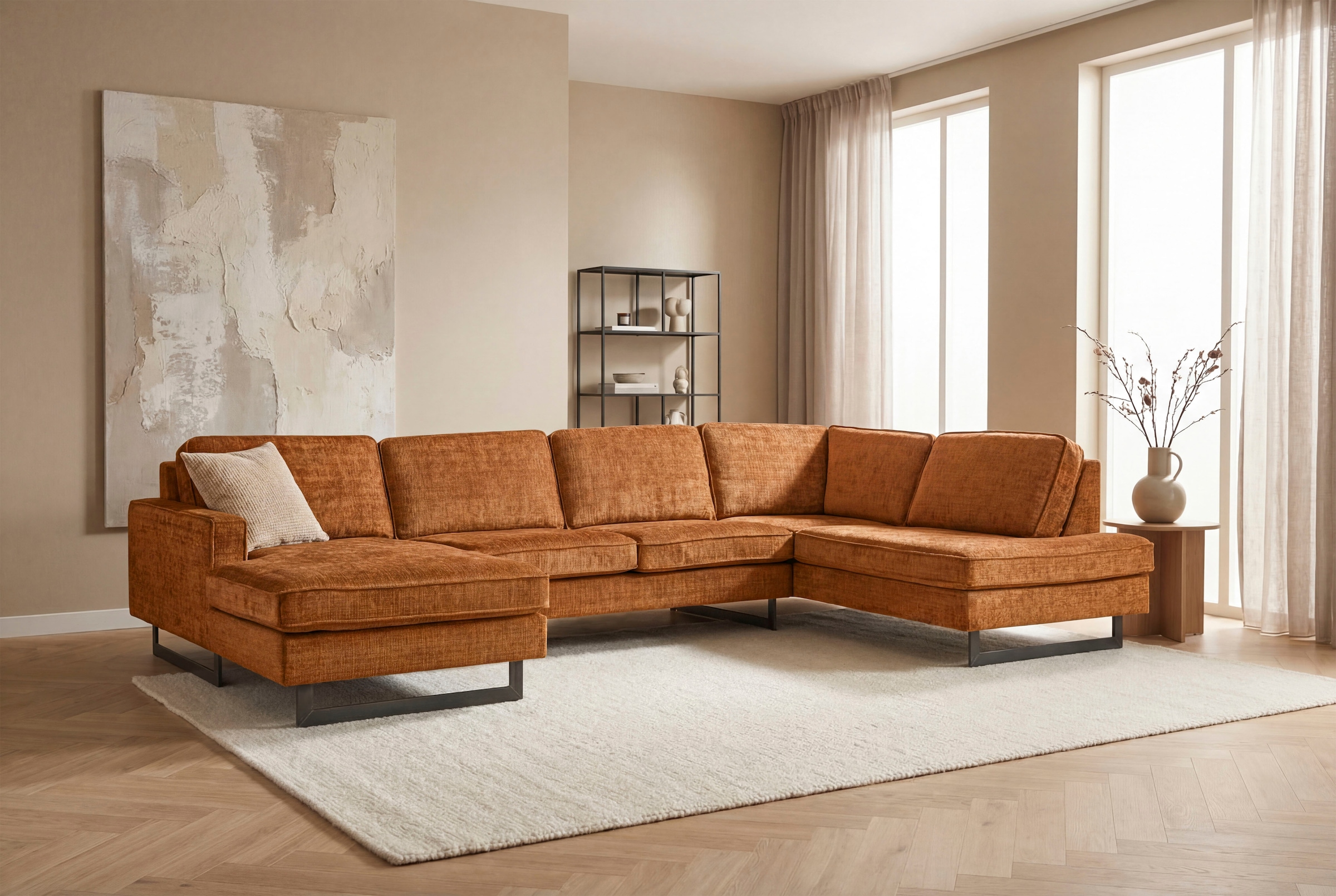 OTTO home Wohnlandschaft "Pinto, 350 cm, U-Form, XXL, mit Ottomanen" Cord, Chenille, Lederoptik, mit Keder, Metallfüße, Wellenunterfederung