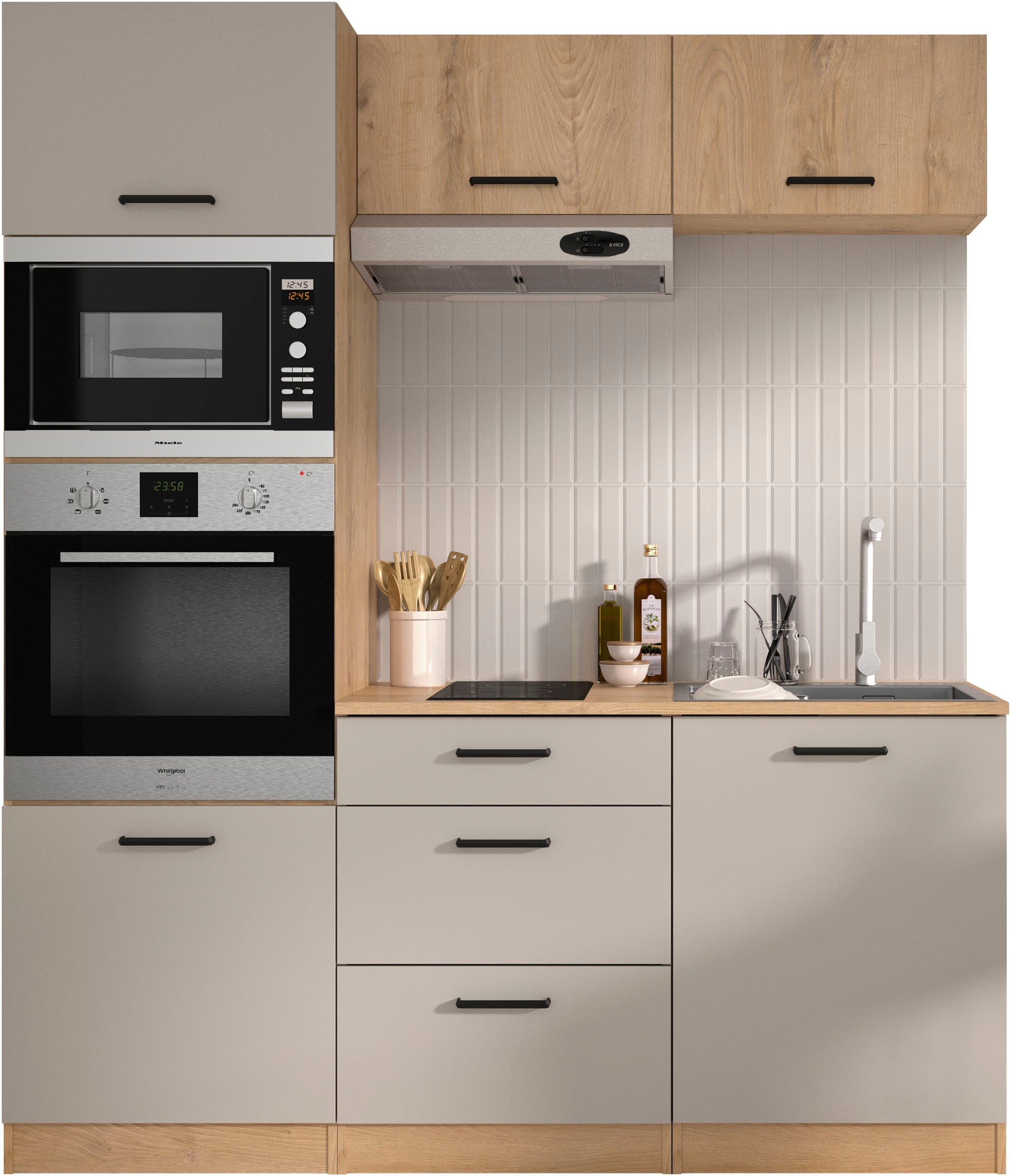 Küchenzeile GAMI, B:180cm H:211cm T:60cmküche: natur, front: kaschmir melamine, korpus: eiche silva nachbildung melamine, arbeitsplatte: eiche silva