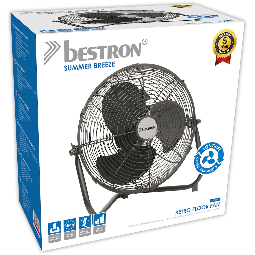 bestron Bodenventilator »im Retro-Stil«, Vertikal verstellbar, Höhe: 39 cm, Ø 35 cm, 55 W, Schwarz