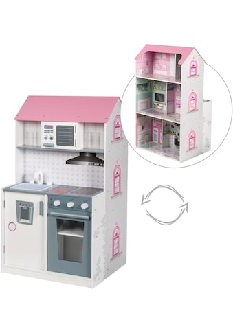 Spielküche »2-in-1, rosa«, mit mehrstöckigem Puppenhaus