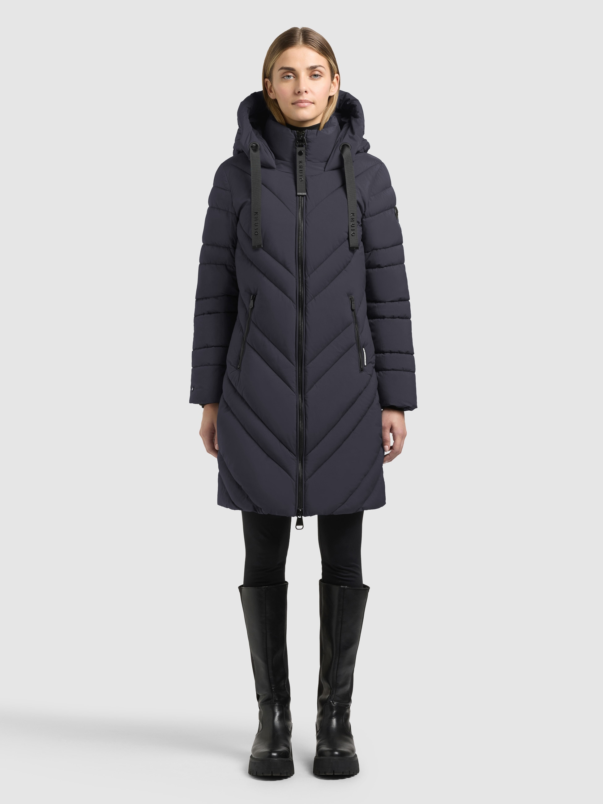 "Steppmantel KHUJO ""TABY2"", Damen, Gr. XL, shark grau, Web, 100% Polyester, unifarben, regular fit knielang, eingesetzt elastischer Bund mit
