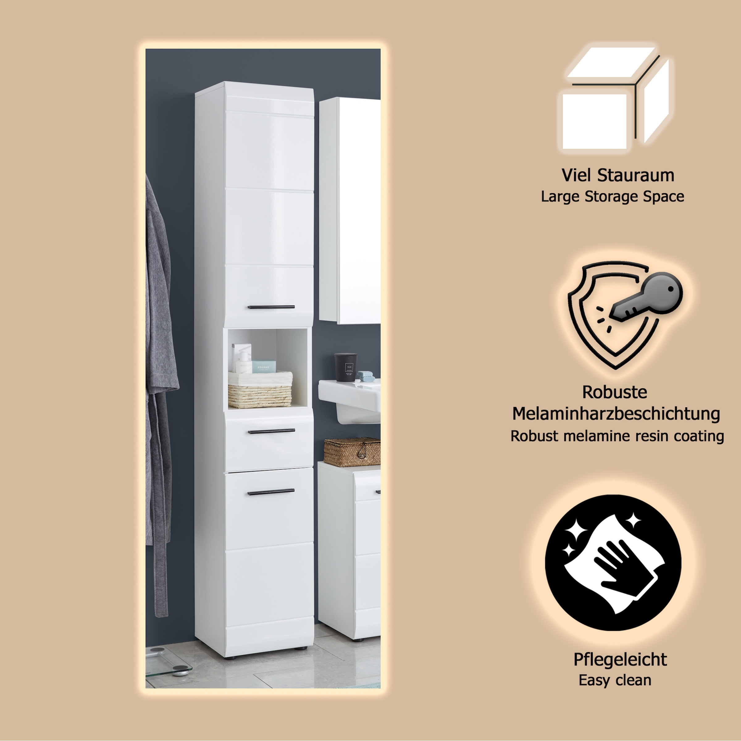 welltime Hochschrank »Sovana«, Badschrank mit einer Schublade und 5 Fächern - (B/T/H) 30/31/182 cm