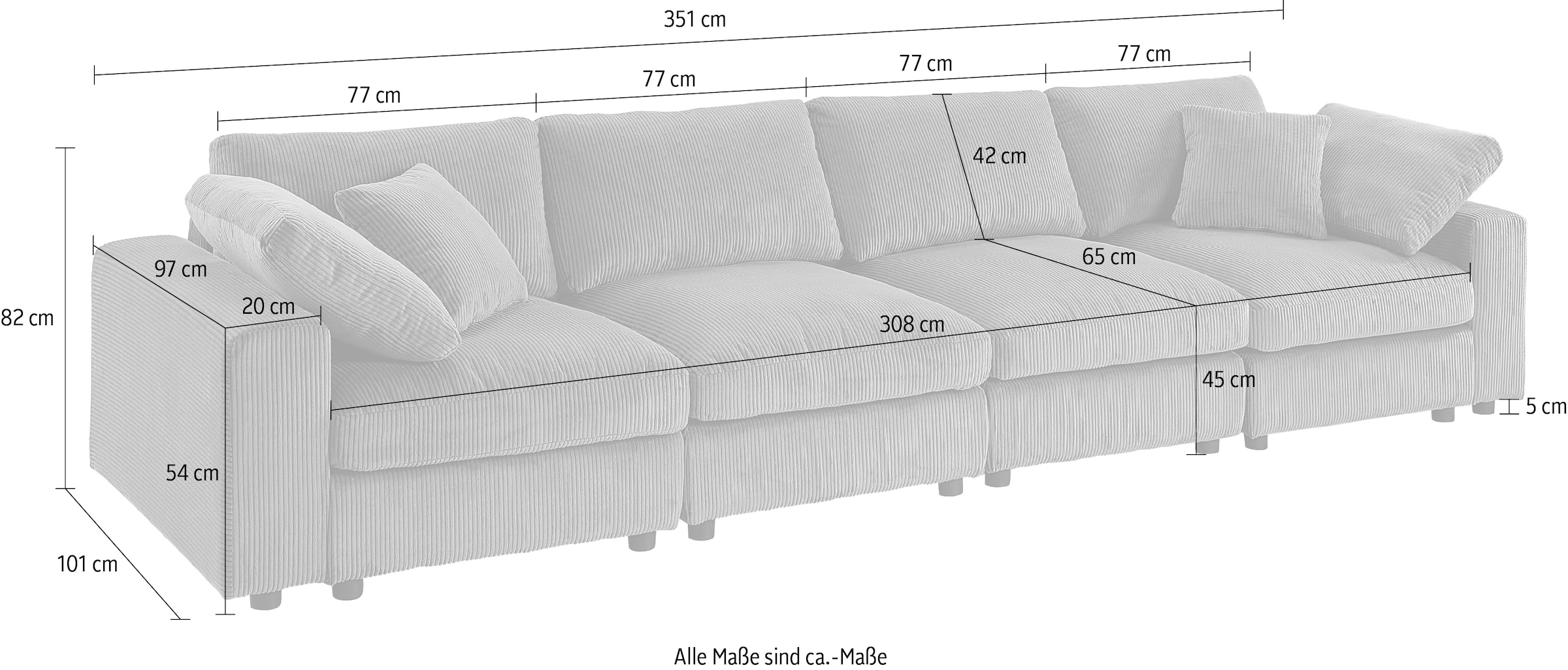 RAUM.ID 4-Sitzer »Bennid, XXL-Modulsofa mit vielen individuellen Stellmöglichkeiten«, (4 St.), inklusive 2 großen und 2 kleinen Zierkissen im flauschigen Cord