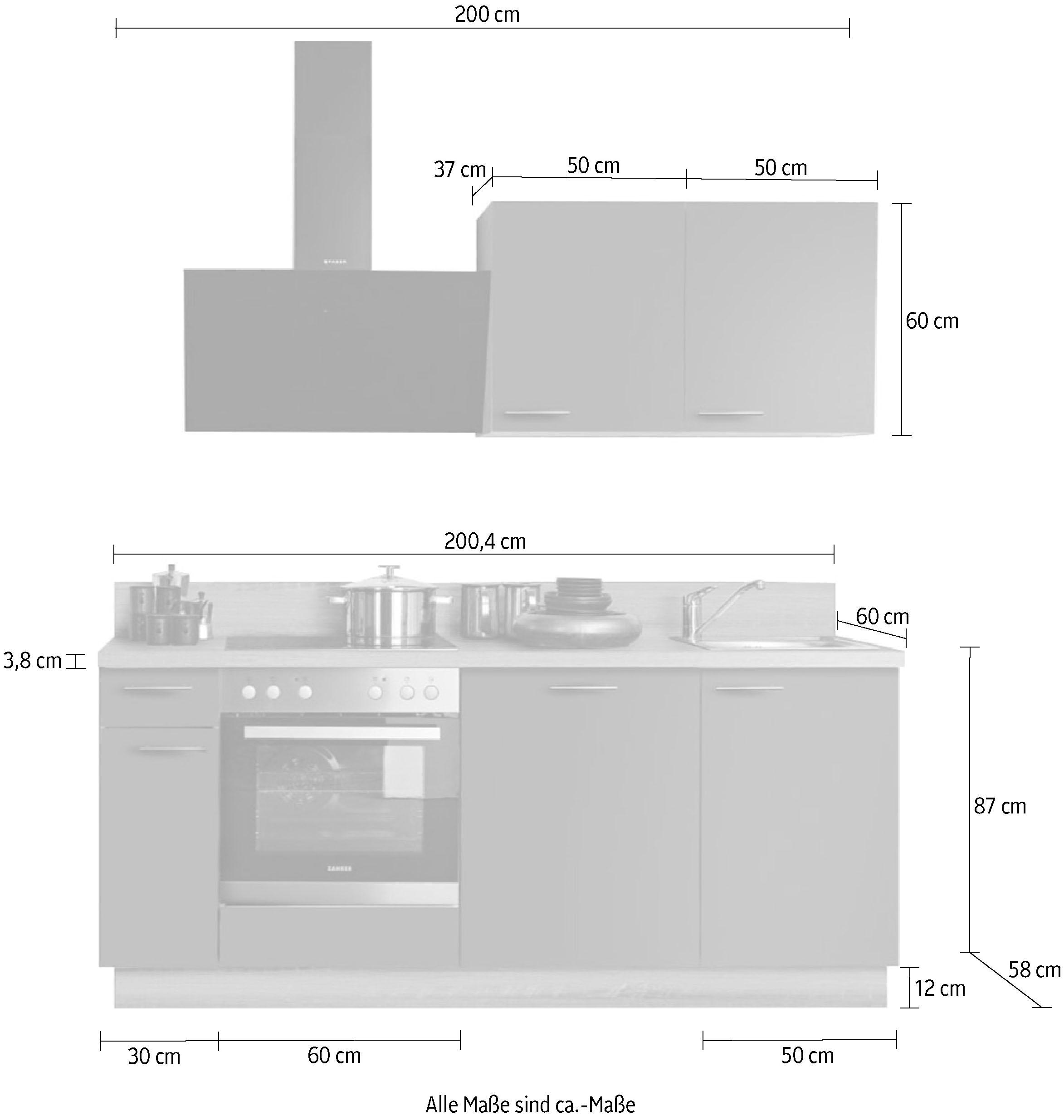 KOCHSTATION Küchenzeile »KS-Scafa, vormontiert, mit höhenverstellbaren Füßen« vormontiert, wahlweise mit E-Geräten, mit Soft-Close, Breite 200 cm