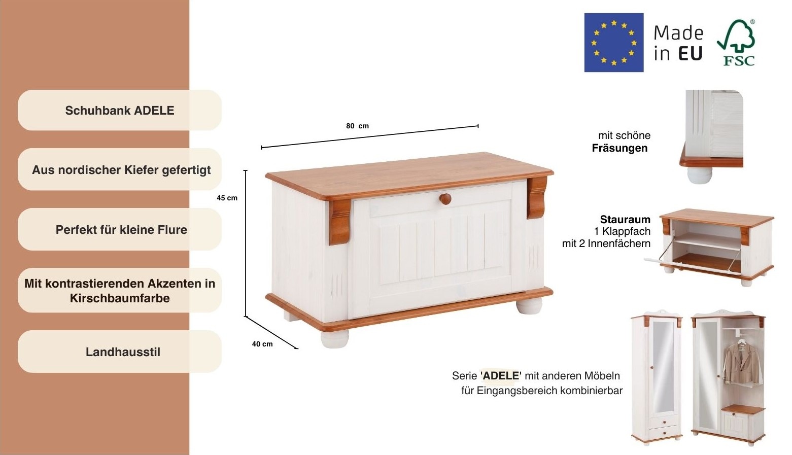 Home affaire Schuhbank »Adele«, Breite 80 cm, Sitzhöhe 45 cm, aus massiver Kiefer, FSC®