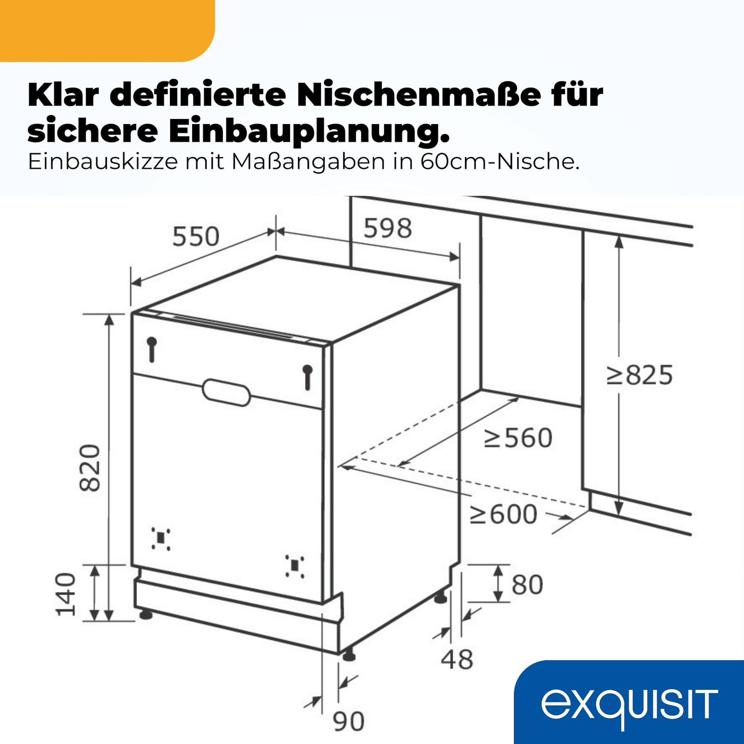 exquisit vollintegrierbarer Geschirrspüler 1014 »EGSP1014-E-450D schwarz« 11,9 l 14 tlg. Maßgedecke 14 Maßgedecke & flüsterleise 49 dB – stark und angenehm ruhig