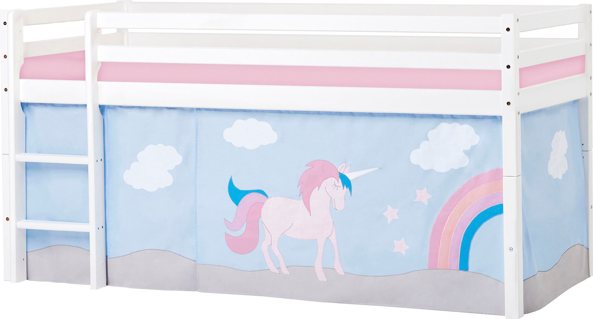 Hoppekids Hochbett ""Einhorn"", mit Vorhang & Matratze 2 Größen umbaubar günstig online kaufen