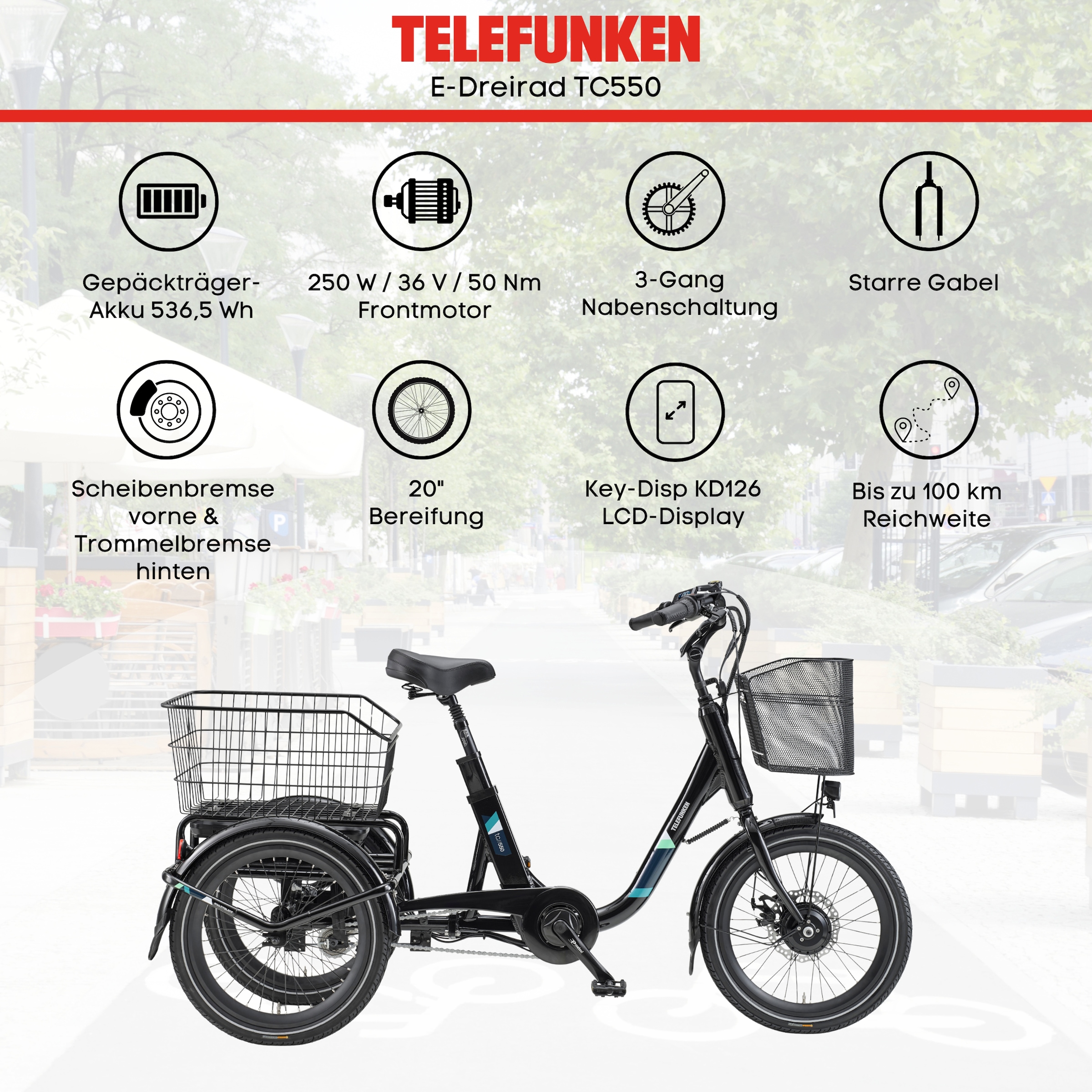 Telefunken »TC550« 3 Gang Shimano Nexus Schaltwerk Nabenschaltung Frontmotor 250 W tiefer Einstieg, Pedelec, inkl. Einkaufskorb